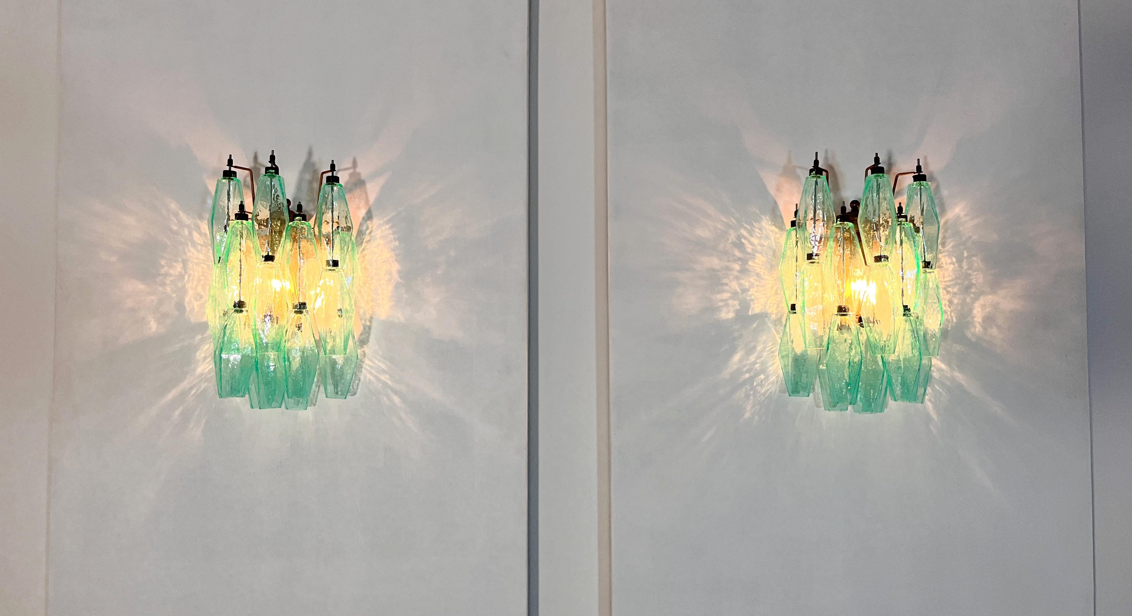 Vintage Murano Italian POLIEDRI turquoise pulegoso glass wall sconces in vendita 4