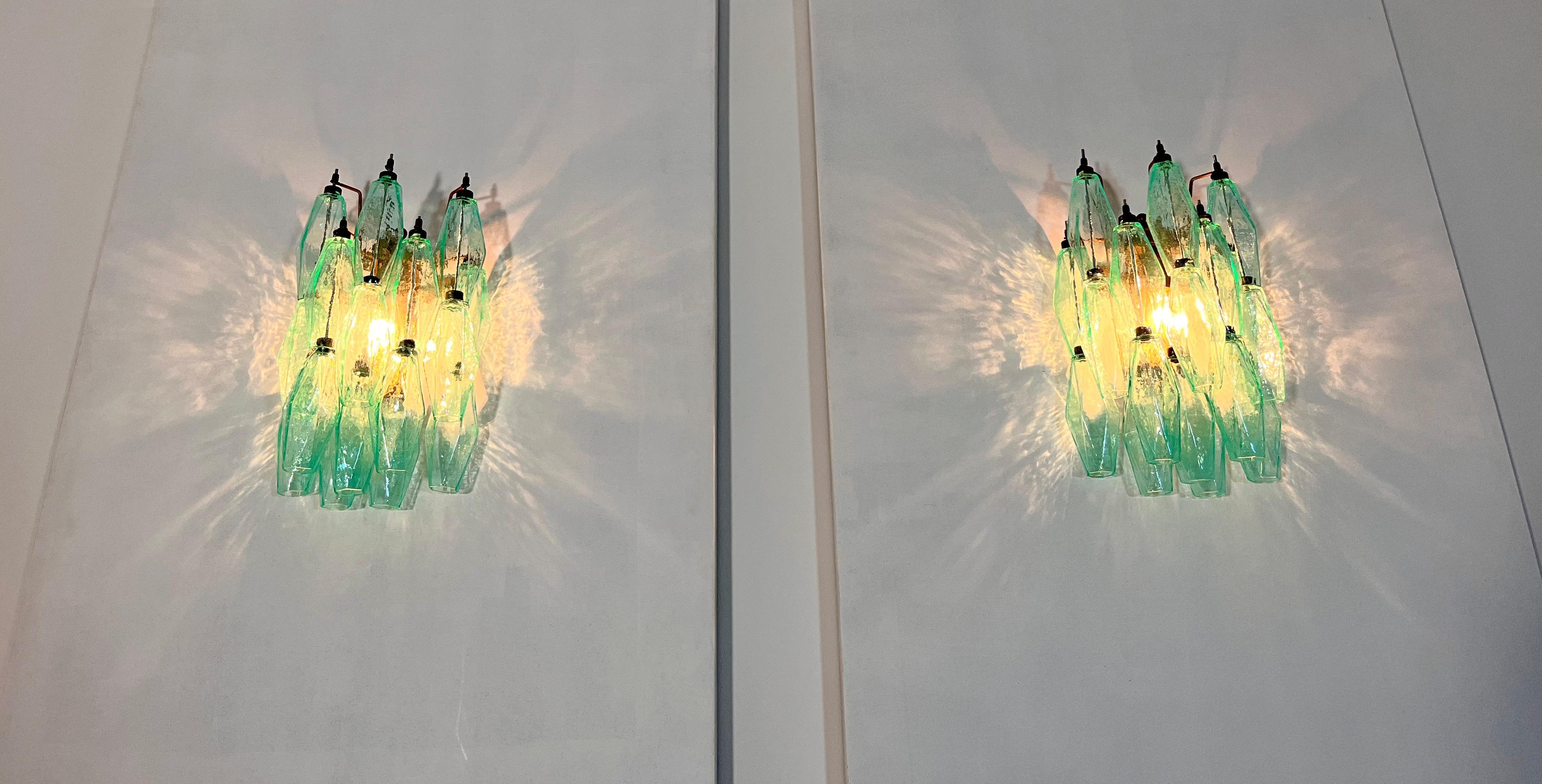 Vintage Murano Italian POLIEDRI turquoise pulegoso glass wall sconces in vendita 5
