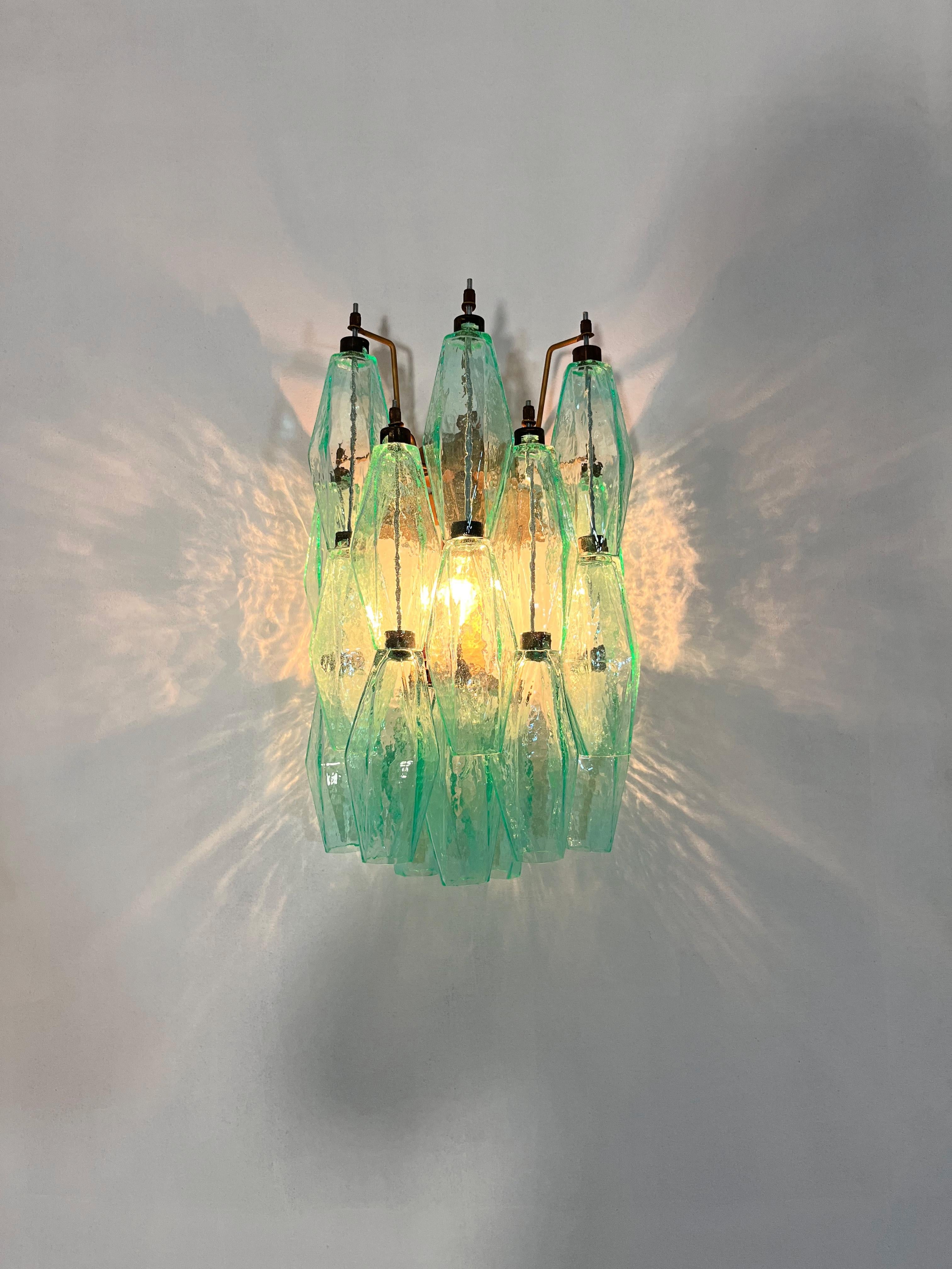 Vintage Murano Italian POLIEDRI turquoise pulegoso glass wall sconces in vendita 6