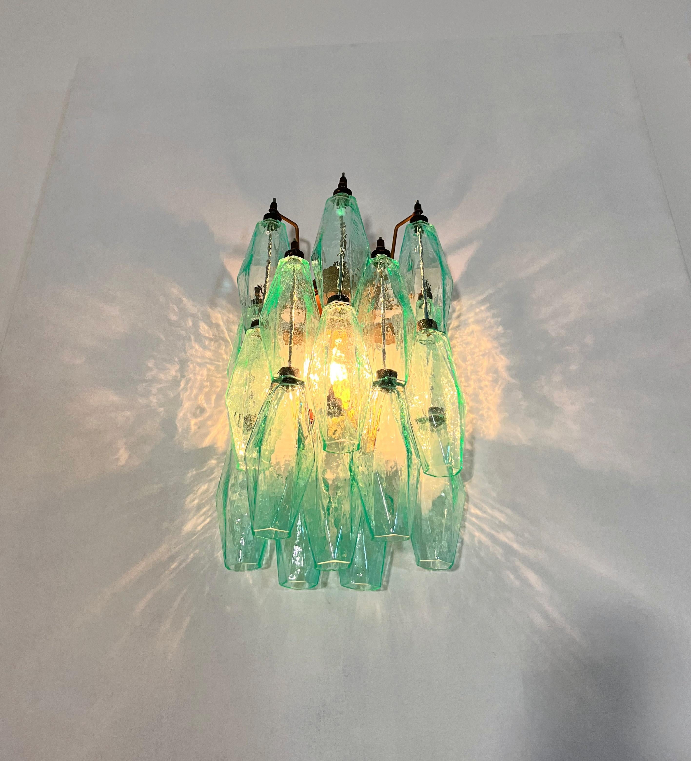 Vintage Murano Italian POLIEDRI turquoise pulegoso glass wall sconces in vendita 8