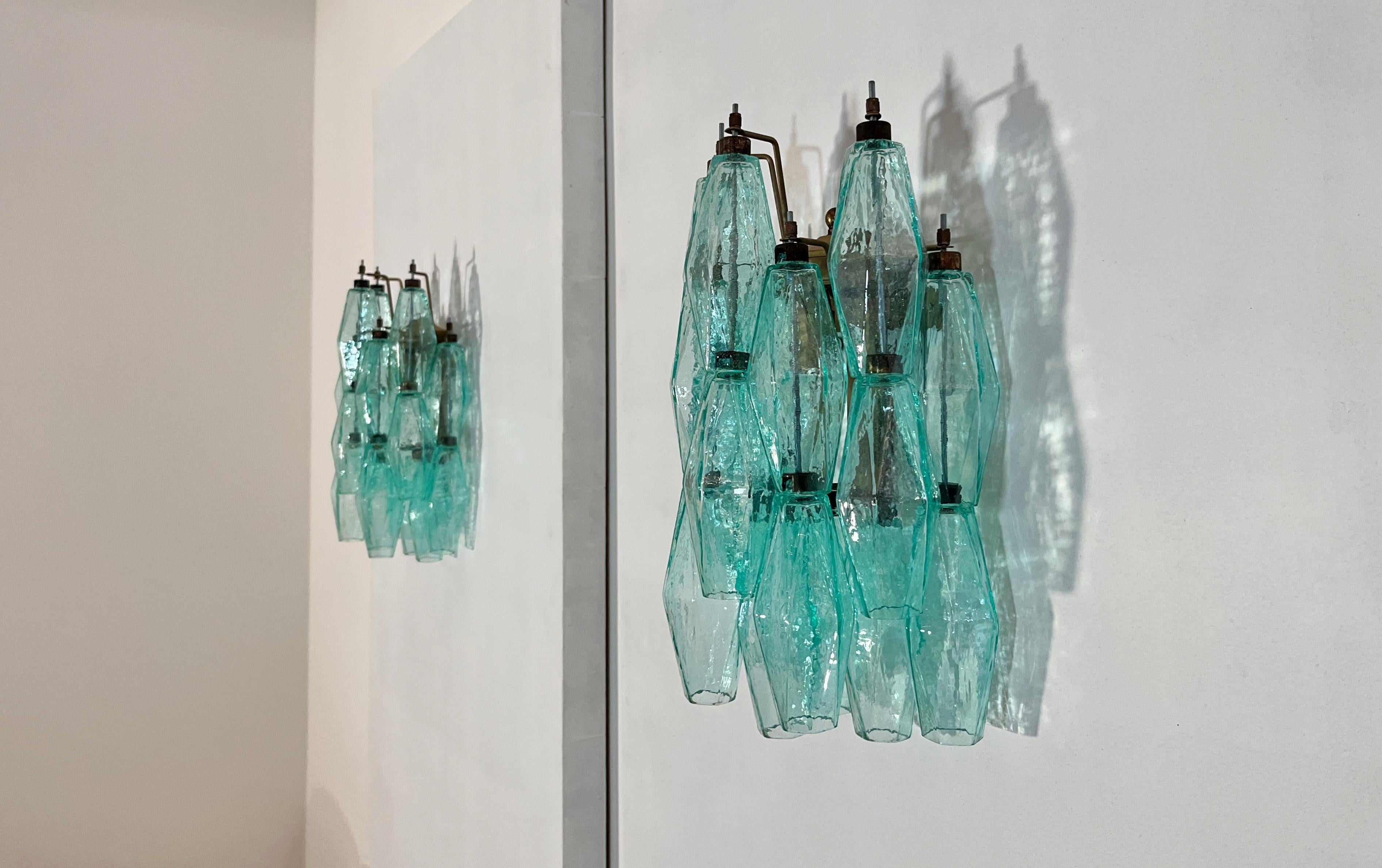 Vintage Murano Italian POLIEDRI turquoise pulegoso glass wall sconces in vendita 9