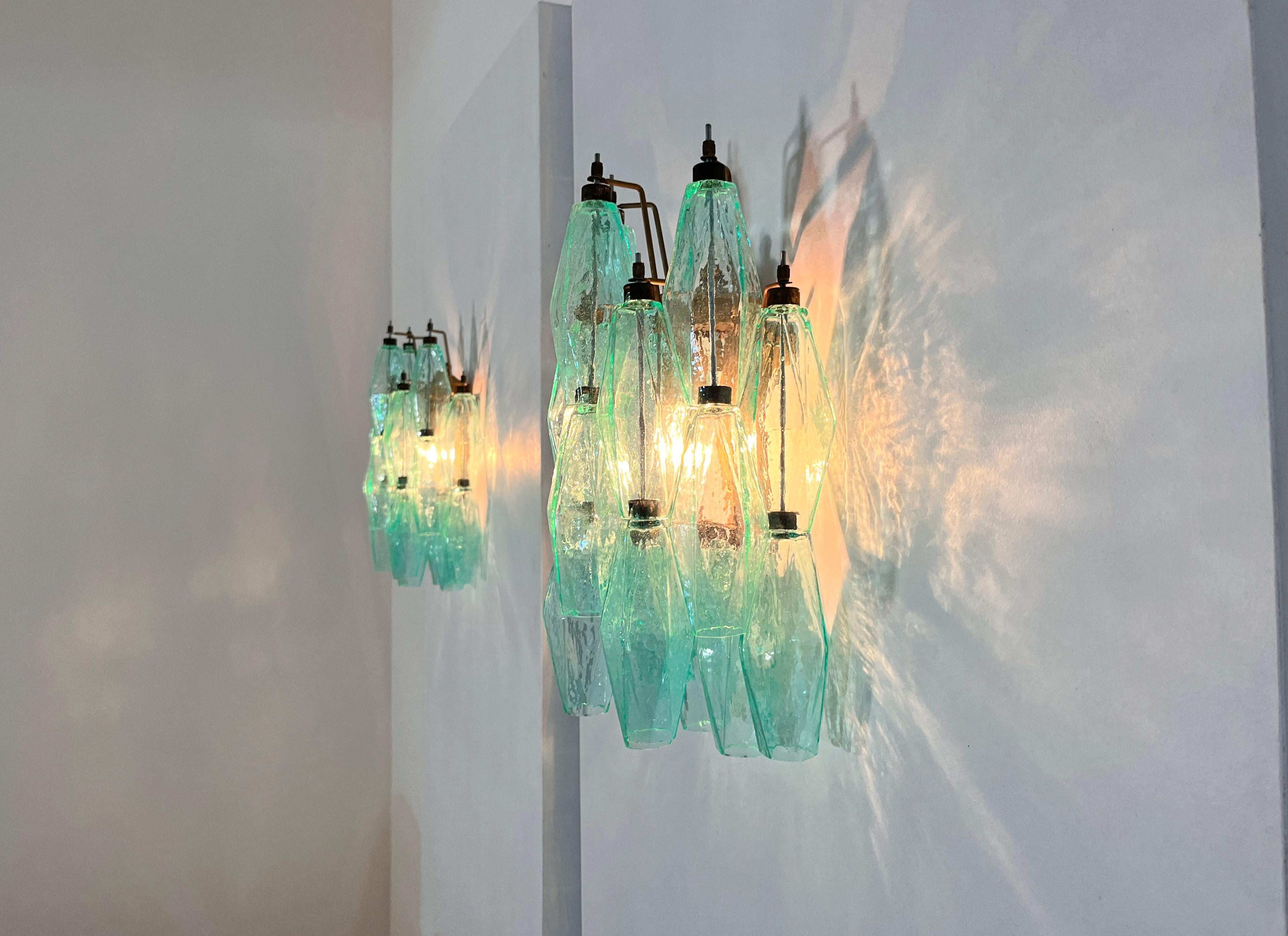 Vintage Murano Italian POLIEDRI turquoise pulegoso glass wall sconces in vendita 11
