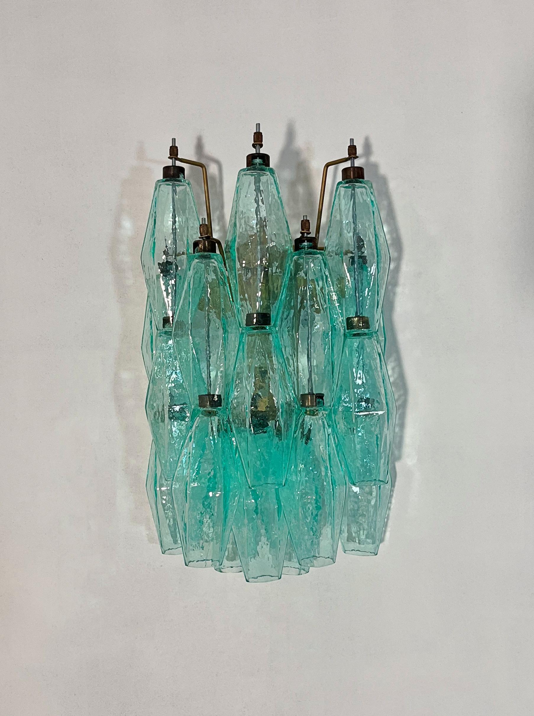 Vetro soffiato Vintage Murano Italian POLIEDRI turquoise pulegoso glass wall sconces in vendita