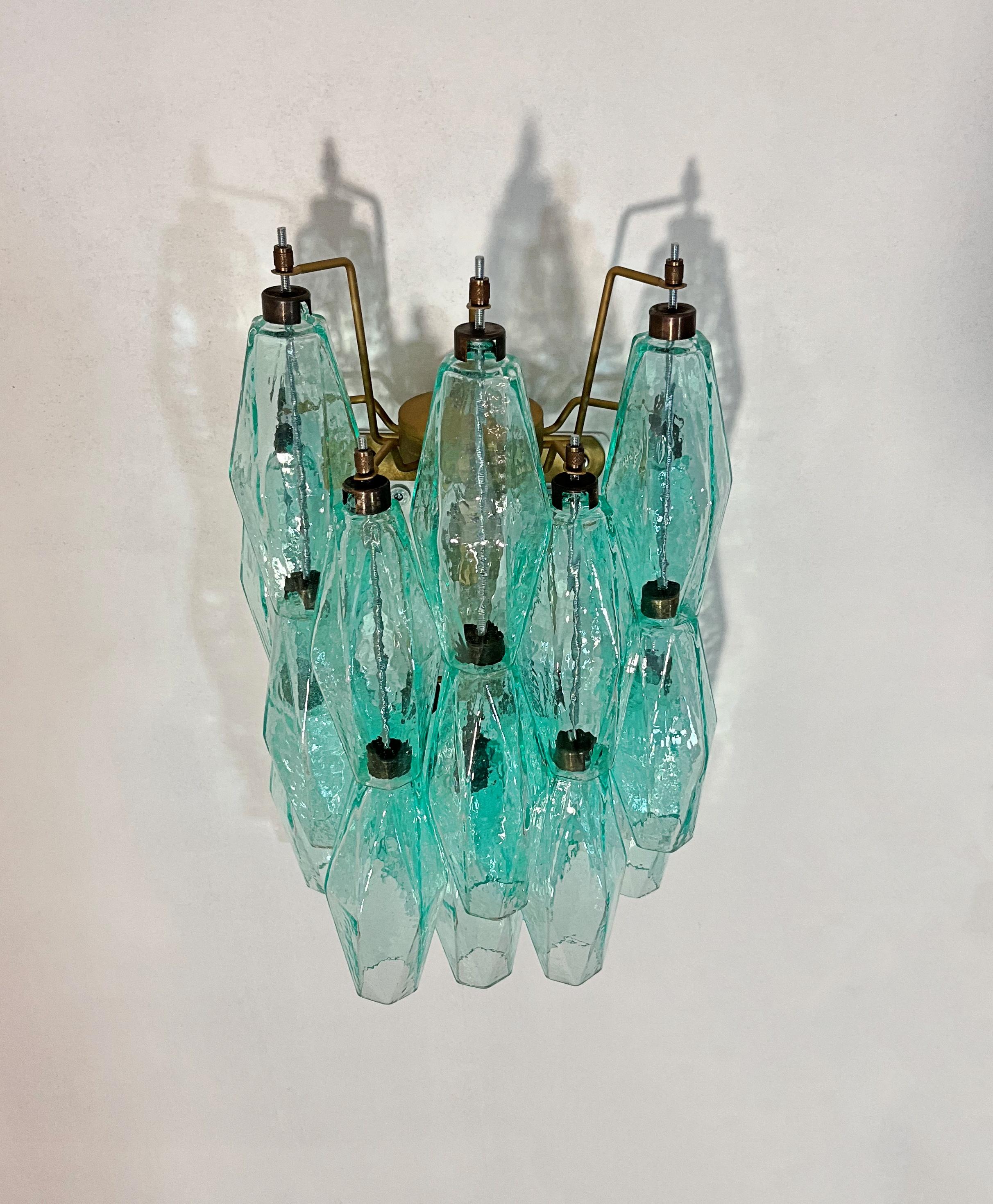Vintage Murano Italian POLIEDRI turquoise pulegoso glass wall sconces in vendita 1