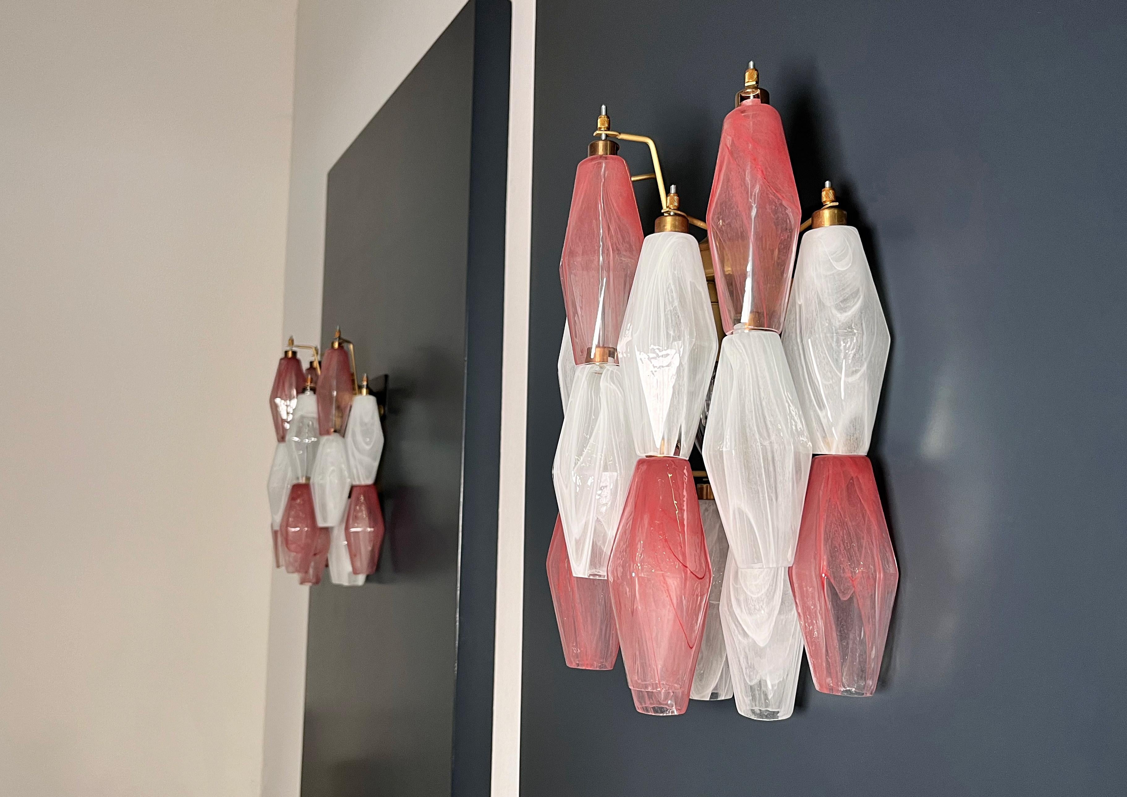 Galvanized Vintage Murano Italian POLIEDRI white and pink albaster wall sconces For Sale