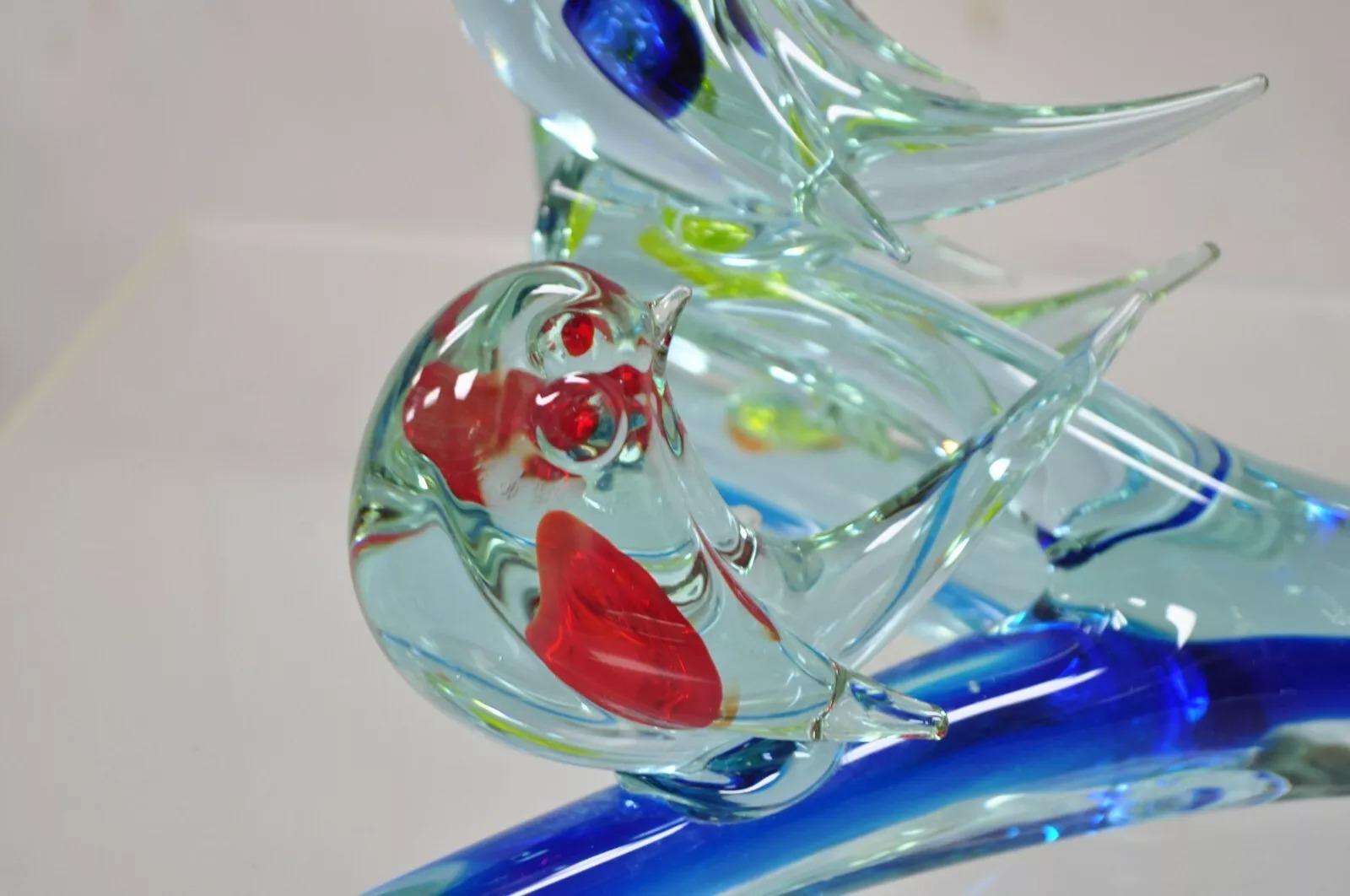 Vintage Murano Italia Arte Vidrio Modernismo 3 Pájaros Posados en Rama Escultura siglo XX en venta