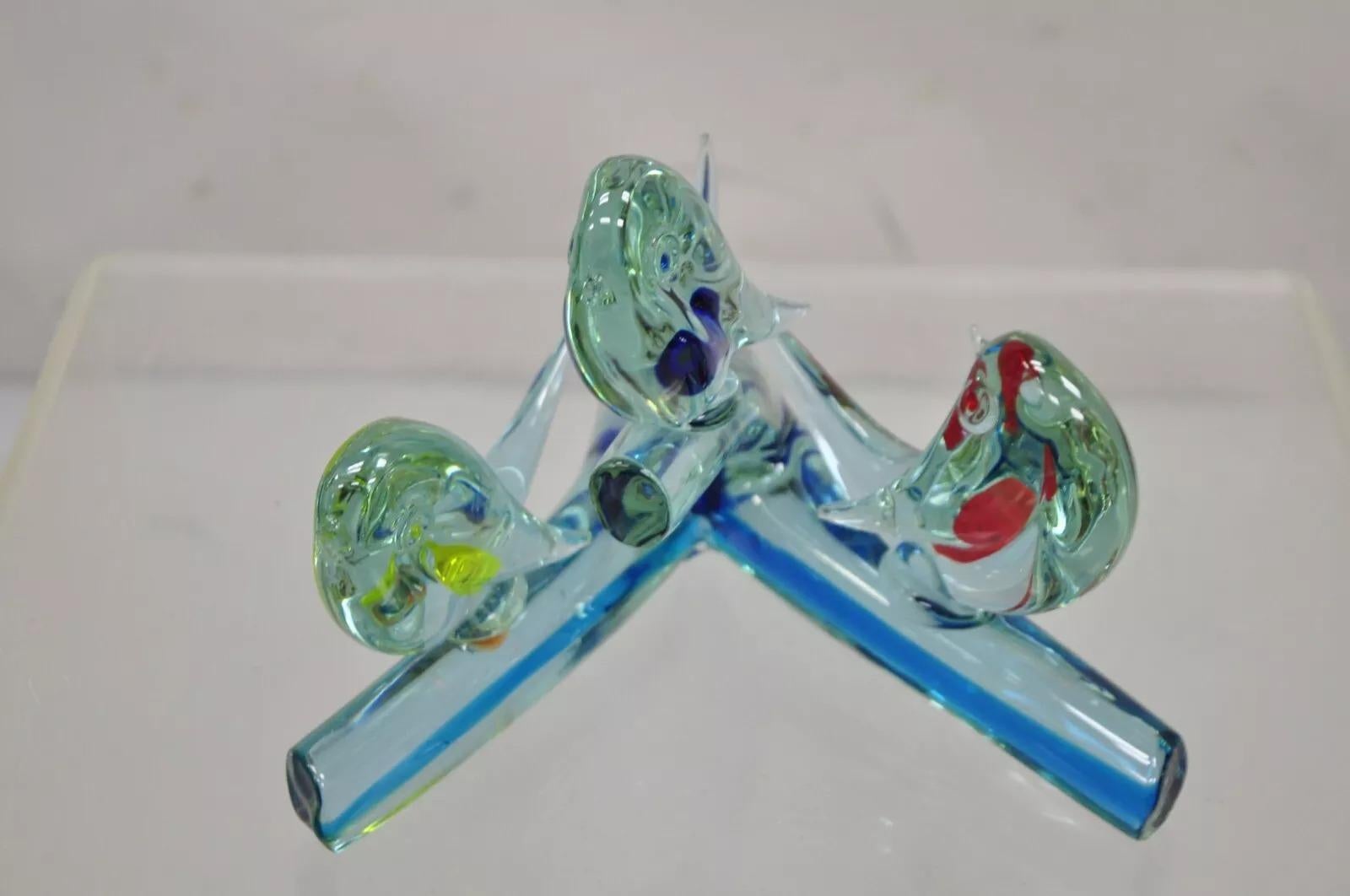 Vintage Murano Italia Arte Vidrio Modernismo 3 Pájaros Posados en Rama Escultura en venta 1