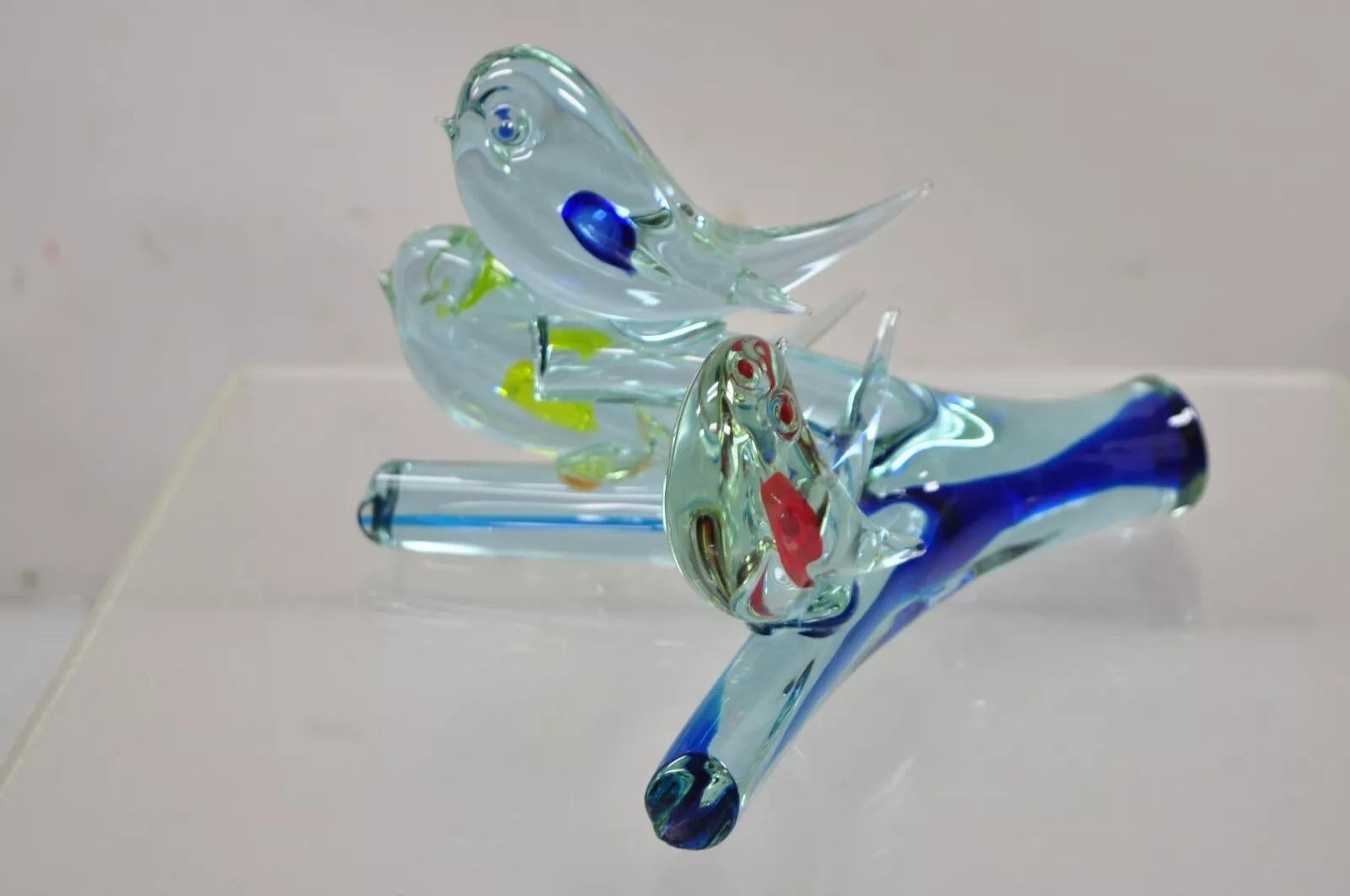 Vintage Murano Italia Arte Vidrio Modernismo 3 Pájaros Posados en Rama Escultura en venta 3