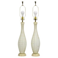 Vintage Murano Italy Camer Glass Gold Flecks White Sinuous Table Lamps - a Pair