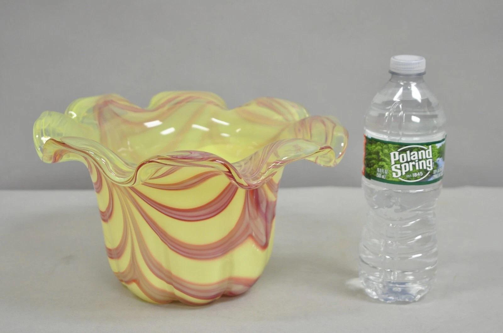 Vintage Murano Italy Hand Blown Glass Yellow Swirl Handkerchief Vase Bowl. Circa Late 20th Century. Measurements: 6