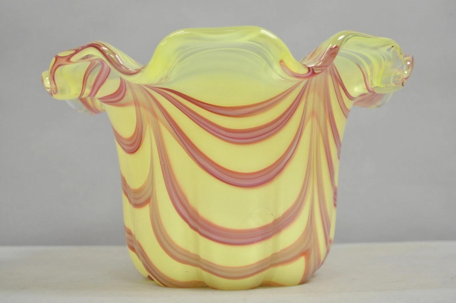 Other Vintage Murano Italy Hand Blown Glass Yellow Swirl Handkerchief Vase Bowl For Sale