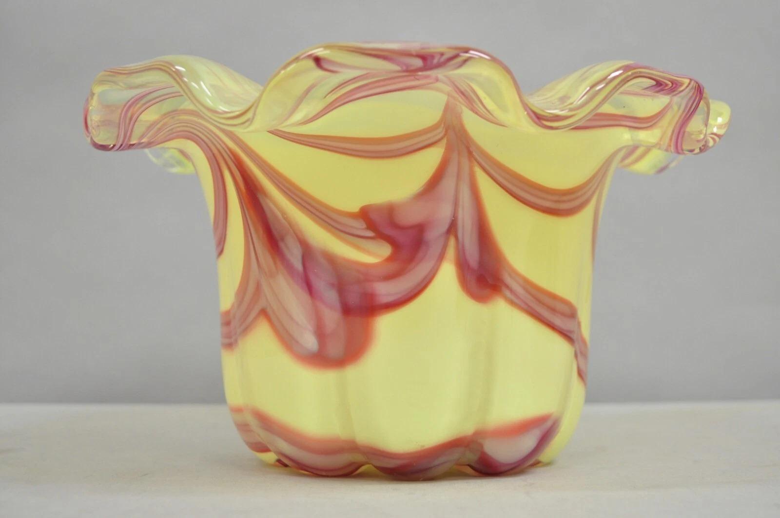 Unknown Vintage Murano Italy Hand Blown Glass Yellow Swirl Handkerchief Vase Bowl For Sale