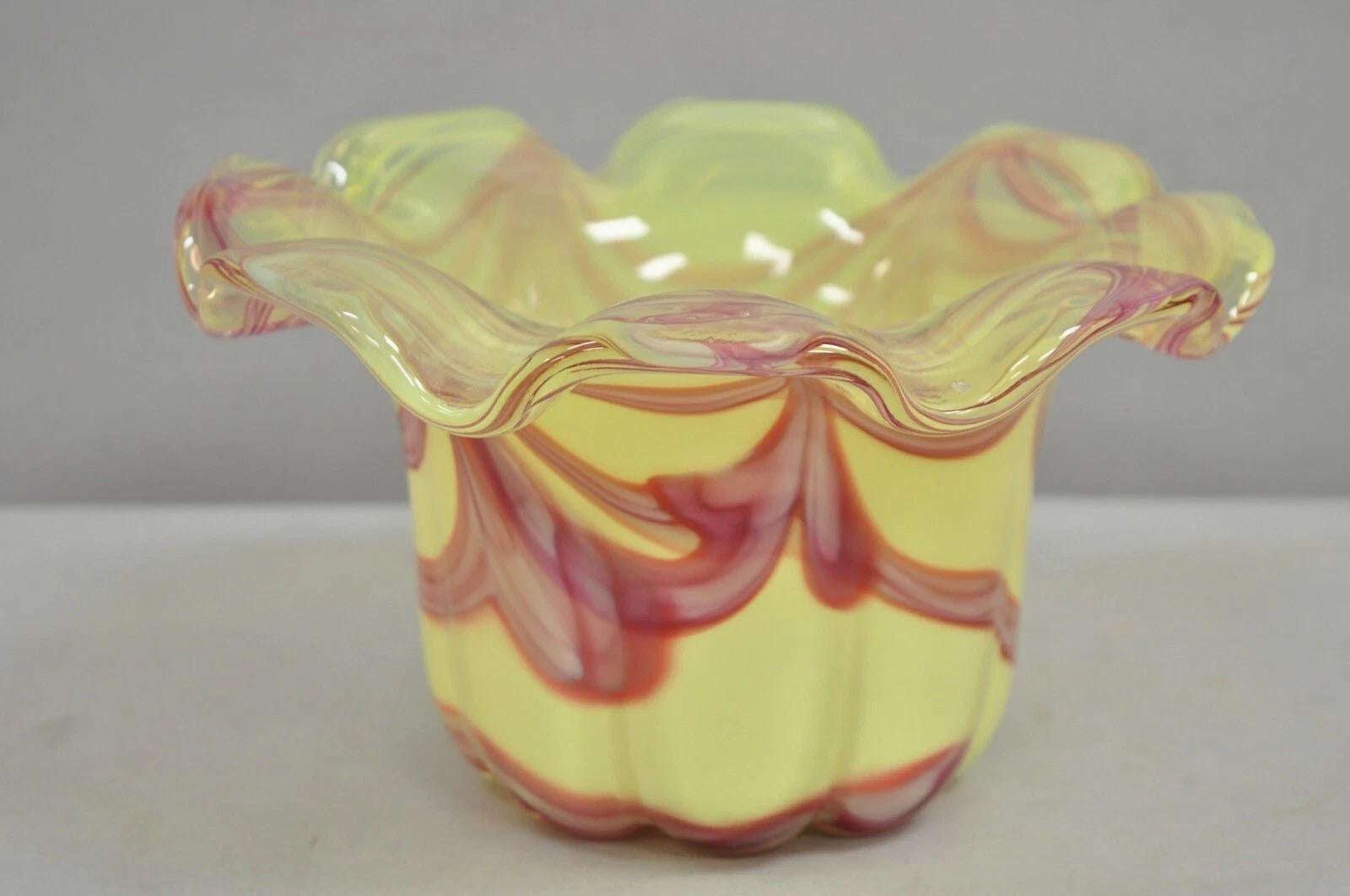Vintage Murano Italy Hand Blown Glass Yellow Swirl Handkerchief Vase Bowl For Sale 3