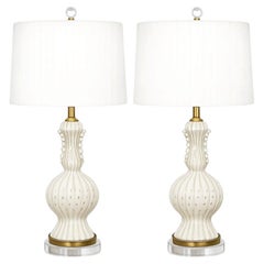 Vintage Murano Ivory Lamps with Controlled Bubbles and Ruffle Detail - A Pair