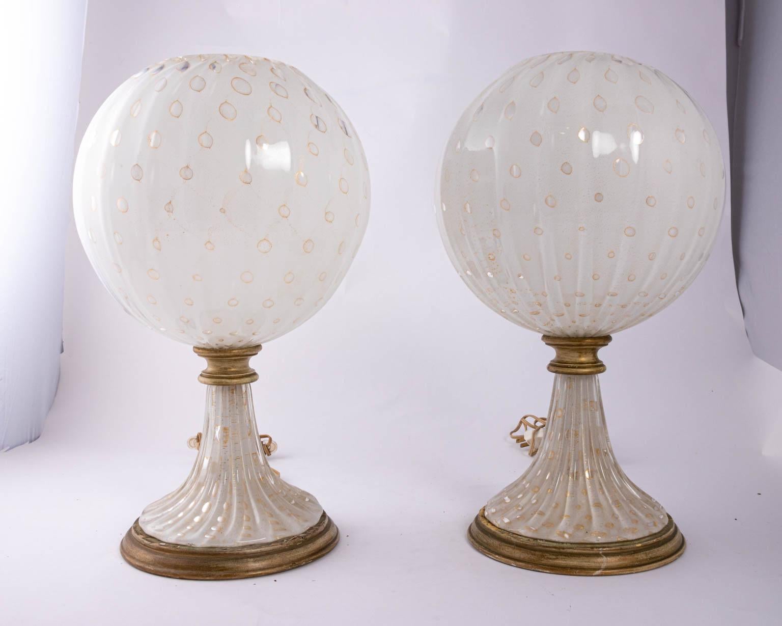 Murano lamps, circa 1950s. Matched pair. Gold Mica with gold infusions. Made in Italy. Opalescent. Midcentury. Minor flaking on bases.