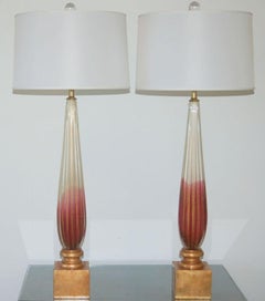 Vintage Murano Lamps of Cranberry and Cream on Gold Leaf