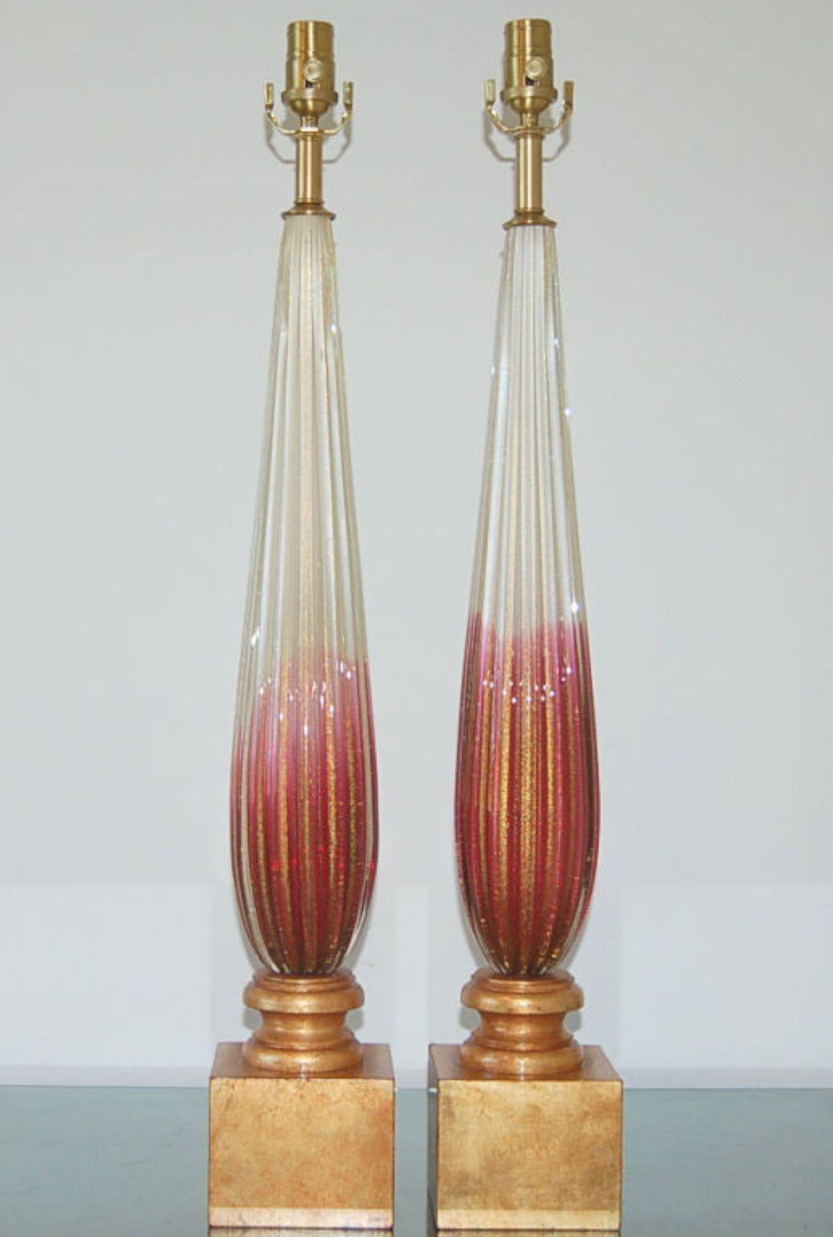 Mid-Century Modern Vintage Murano Lamps of Cranberry and Cream on Gold Leaf For Sale