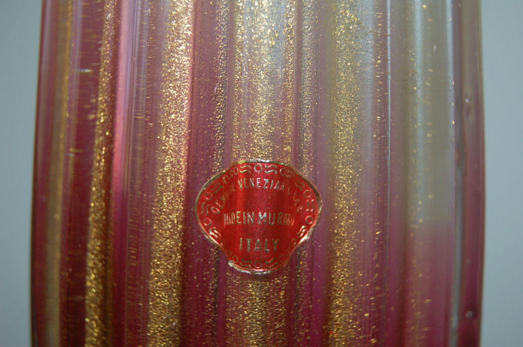 Blown Glass Vintage Murano Lamps of Cranberry and Cream on Gold Leaf For Sale
