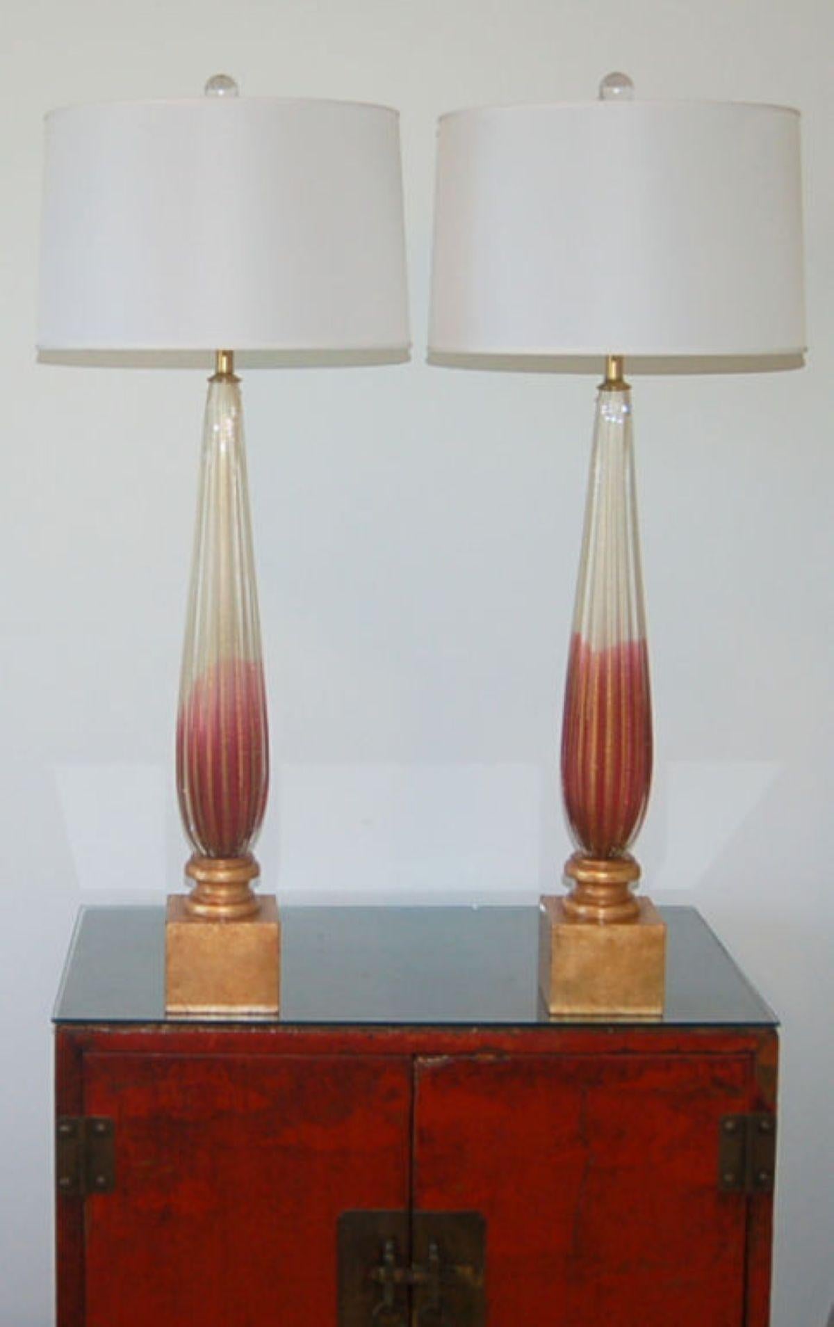 Vintage Murano Lamps of Cranberry and Cream on Gold Leaf For Sale 1