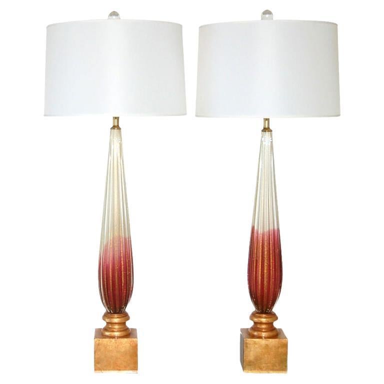 Vintage Murano Lamps of Cranberry and Cream on Gold Leaf For Sale