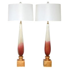 Vintage Murano Lamps of Cranberry and Cream on Gold Leaf