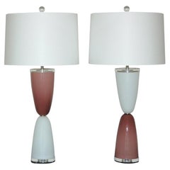 Vintage Murano Lamps of Plum and White on Lucite