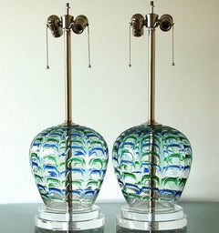 Vintage Murano Lamps with Blue & Green Applied Drips