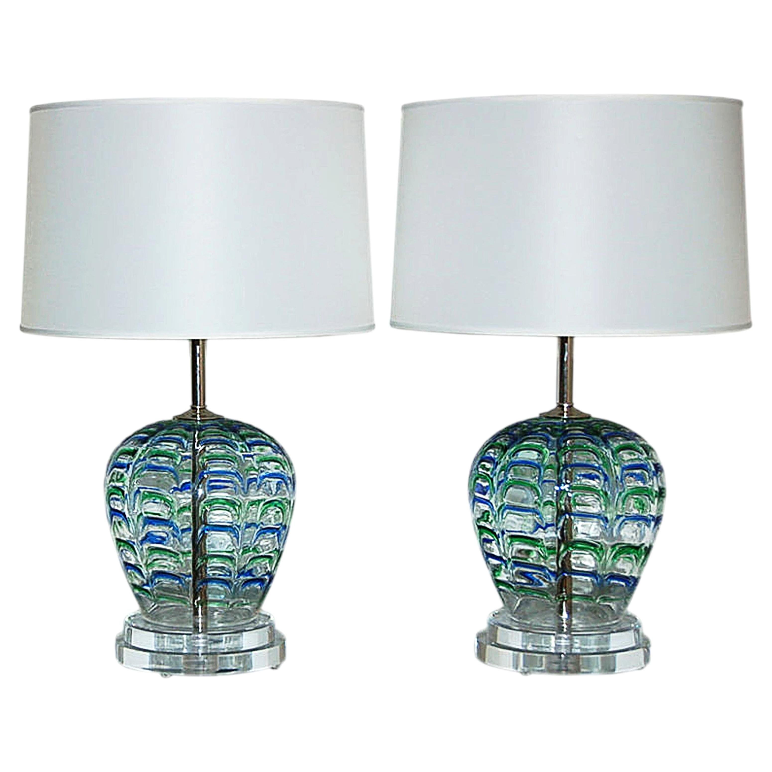 Vintage Murano Lamps with Blue & Green Applied Drips For Sale