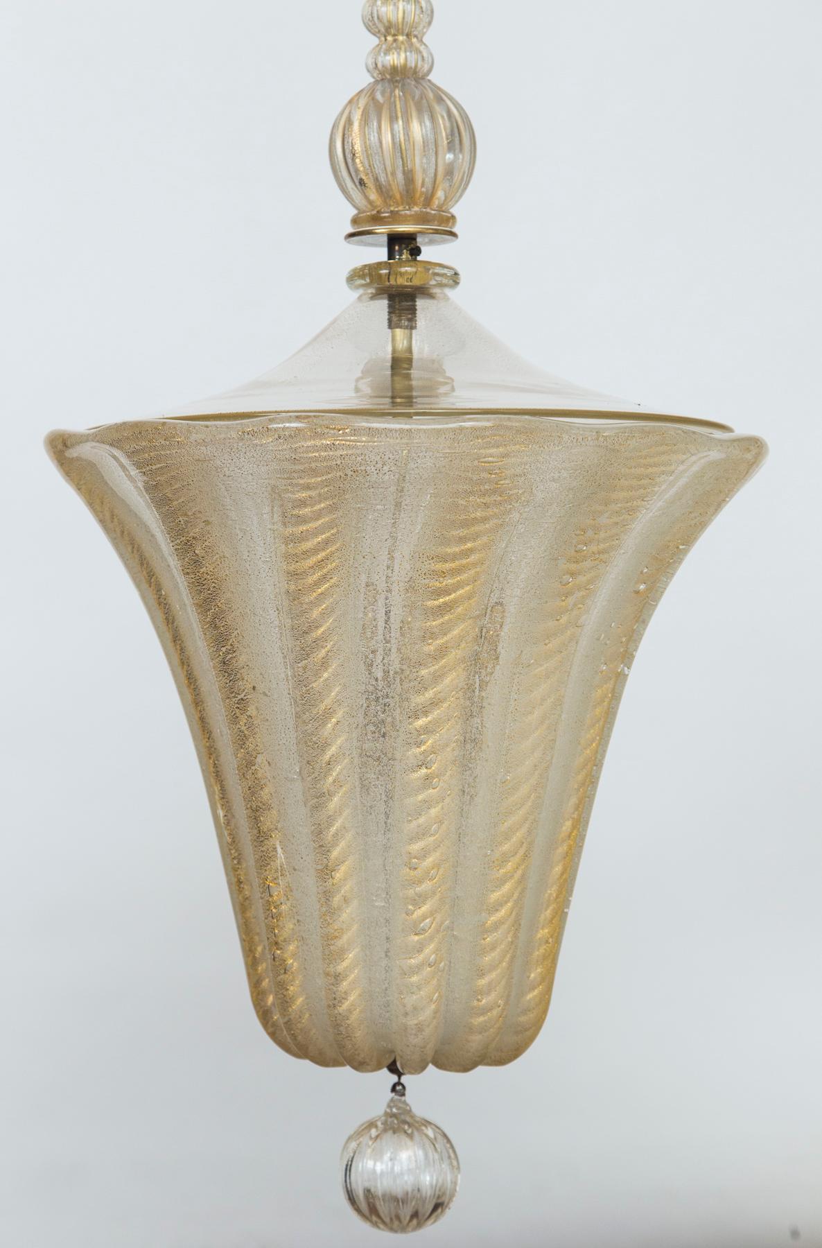 Lovely vintage Murano gold lantern blown in the cordonato d’oro technique, note the stem is comprised of three blown segmented balls that form a long neck so you can minimize the overall height width to desired overall height a segment at a time. We