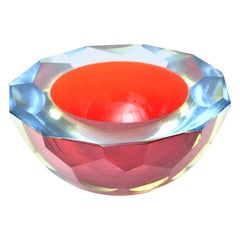 Vintage Murano Mandruzzato Diamond Faceted Glass Geode Bowl Sommerso Red, Blue