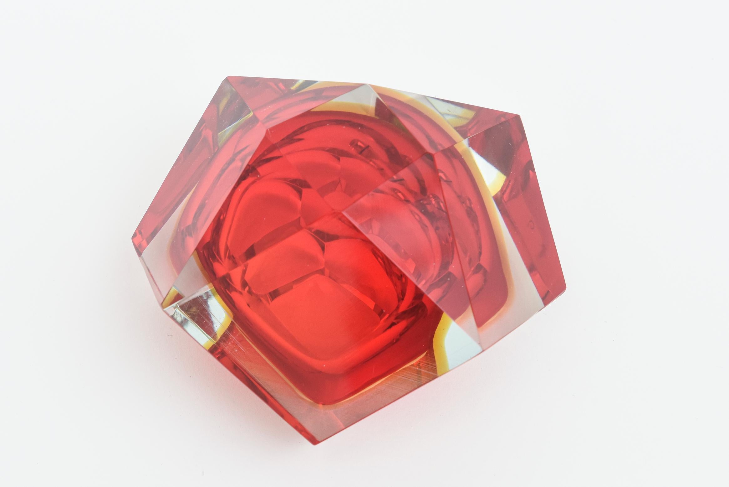 Blown Glass Vintage Murano Mandruzzato Glass Faceted Sommerso Bowl Red, Yellow, Clear For Sale