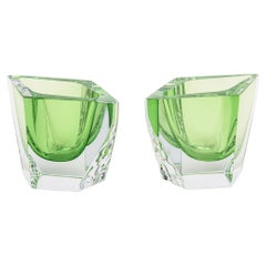 Vintage By Mandruzzato Kelly Green Angled Pebbled Glass Bowls Barware Pair
