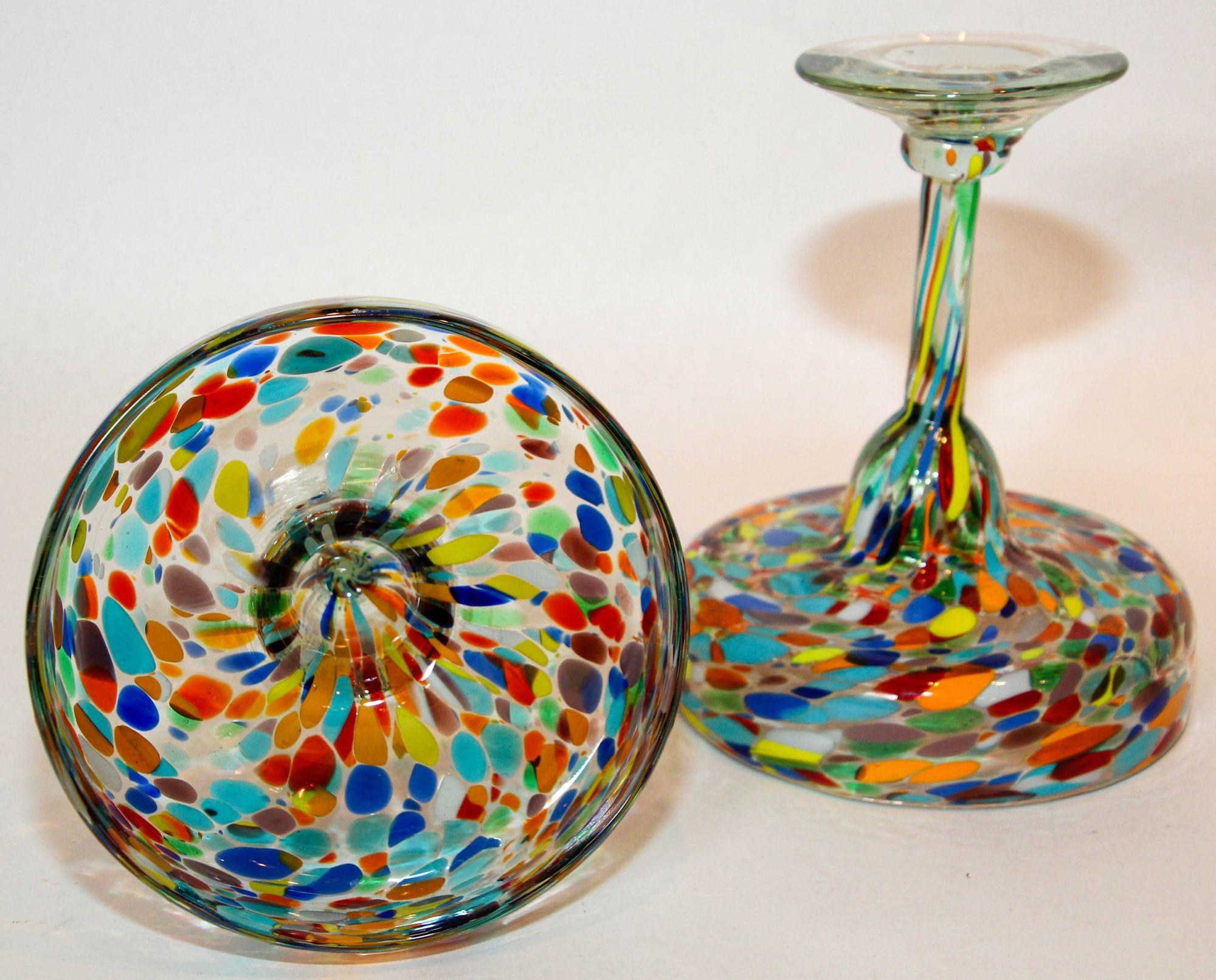 Blown Glass Vintage Murano Margarita Glasses Set of 2 Colorful Martini Barware