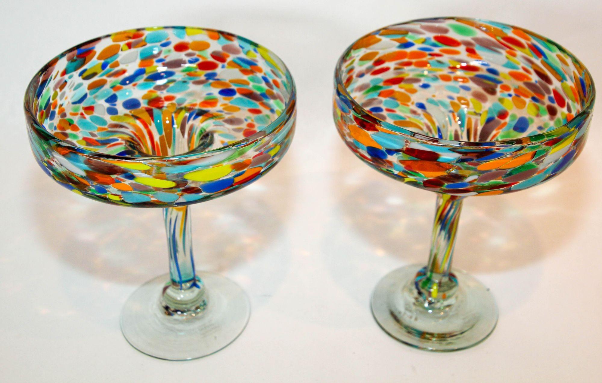 Vintage Murano Margarita Glasses Set of 2 Colorful Martini Barware 3