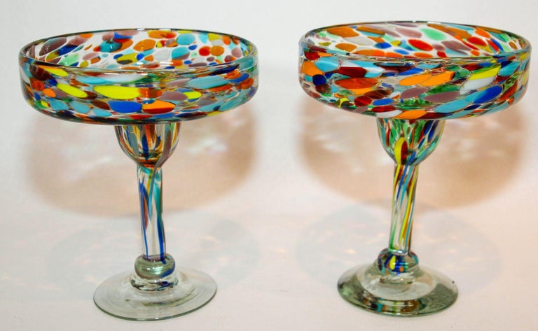 Vintage Mexican Hand Blown Multi Colored Confetti Martini/Margarita Glasses  (Set of 2)