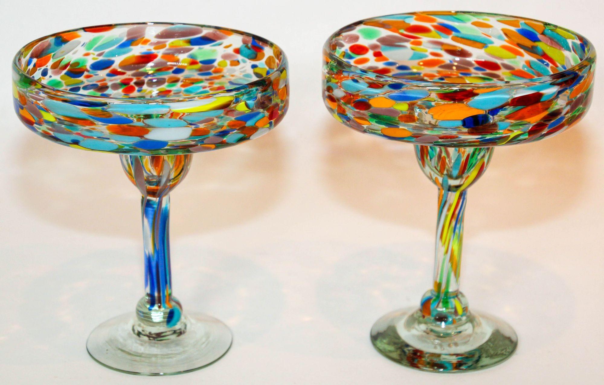 Vintage Murano Martini Glasses,  Set of 2 Colorful Barware Margarita Glasses.
Set of 2 vintage Margarita hand blown glasses featuring colorful accents in bright confetti colors.
Handcrafted using glass-blowing techniques, individually handmade,