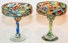 Vintage Murano Margarita Glasses Set of 2 Colorful Martini Barware