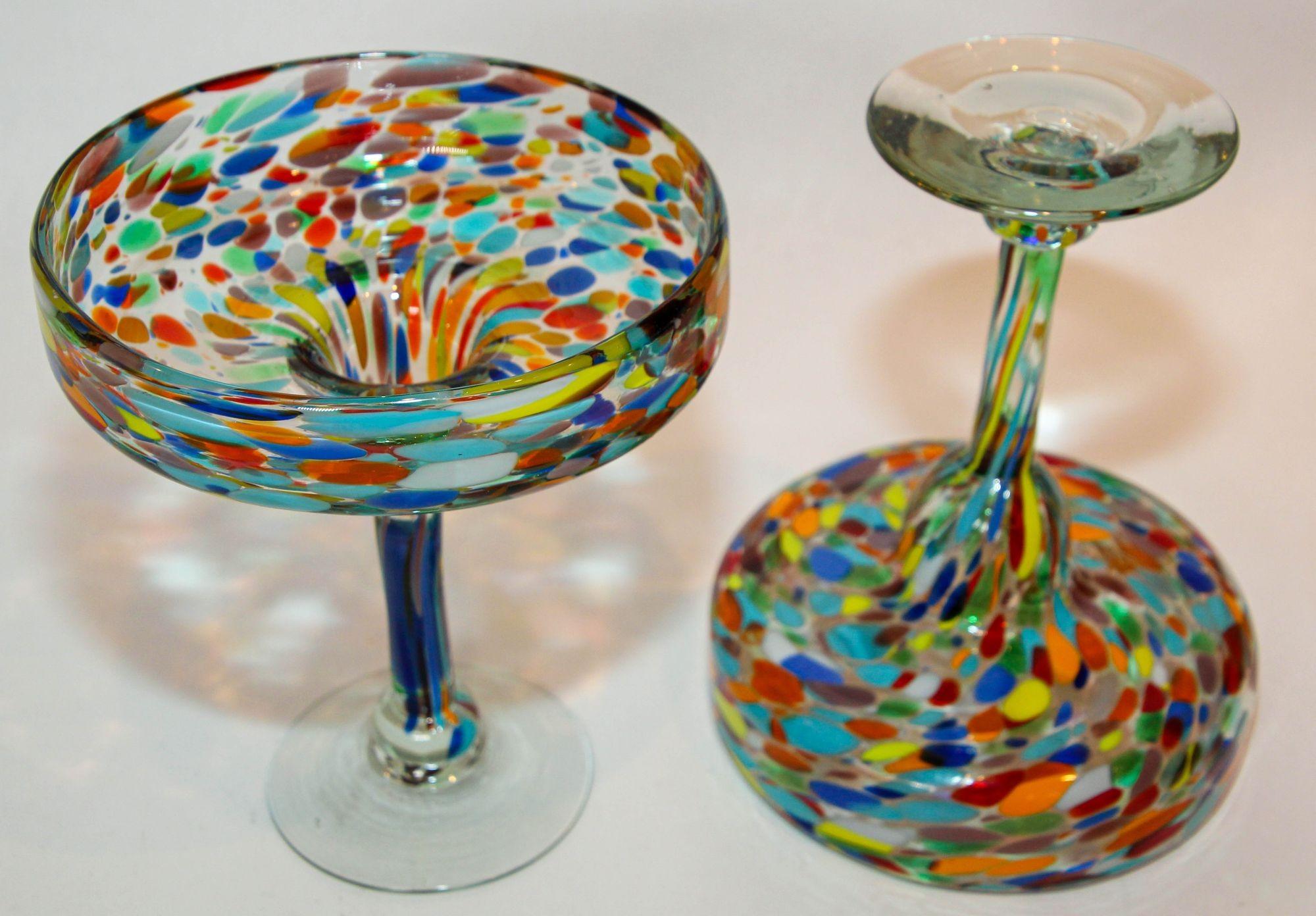 Hand-Crafted Vintage Murano Margarita Glasses Set of 2 Colorful Martini Barware