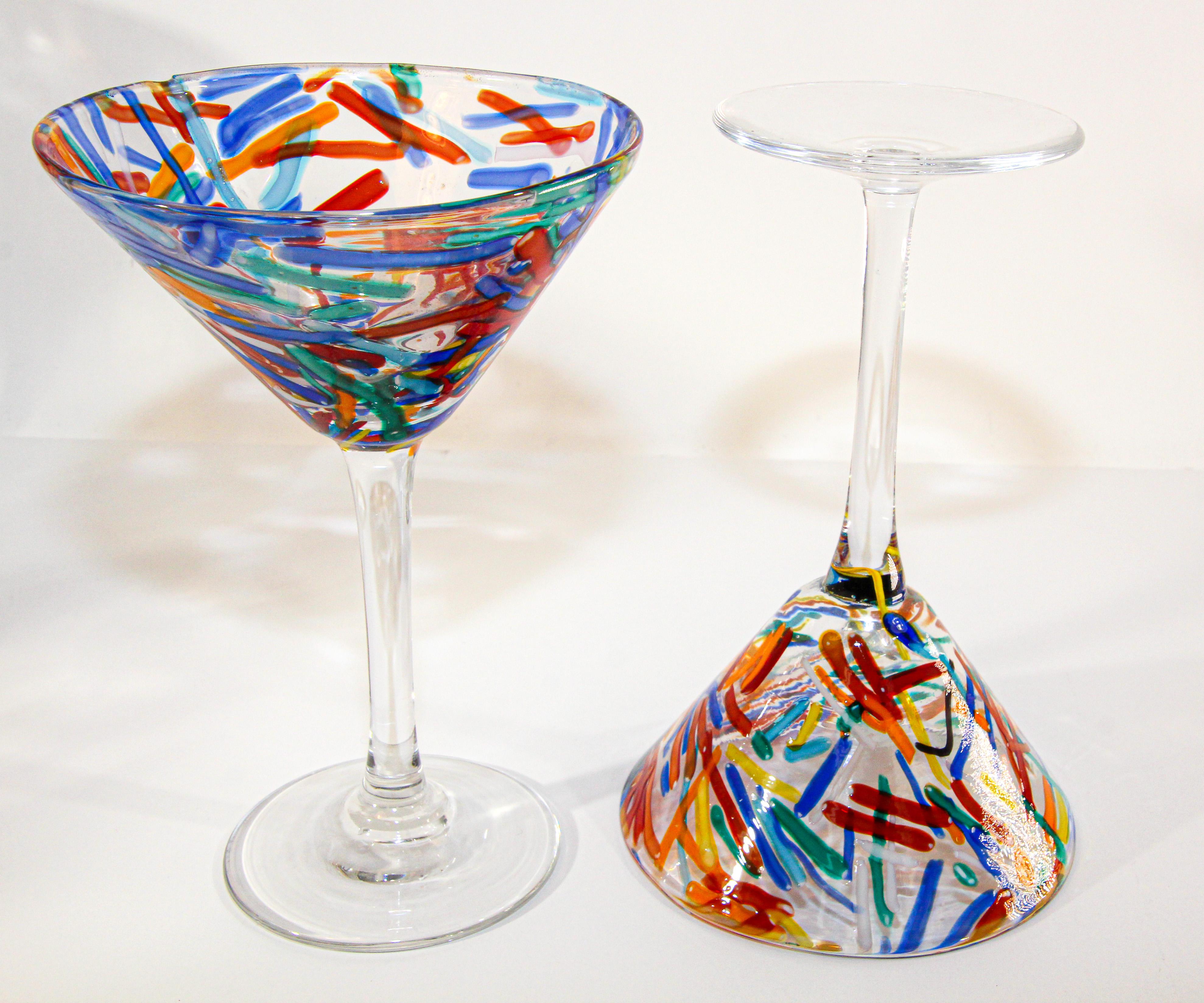 Art Glass Vintage Murano Martini Glasses Set of 6 Colorful Barware