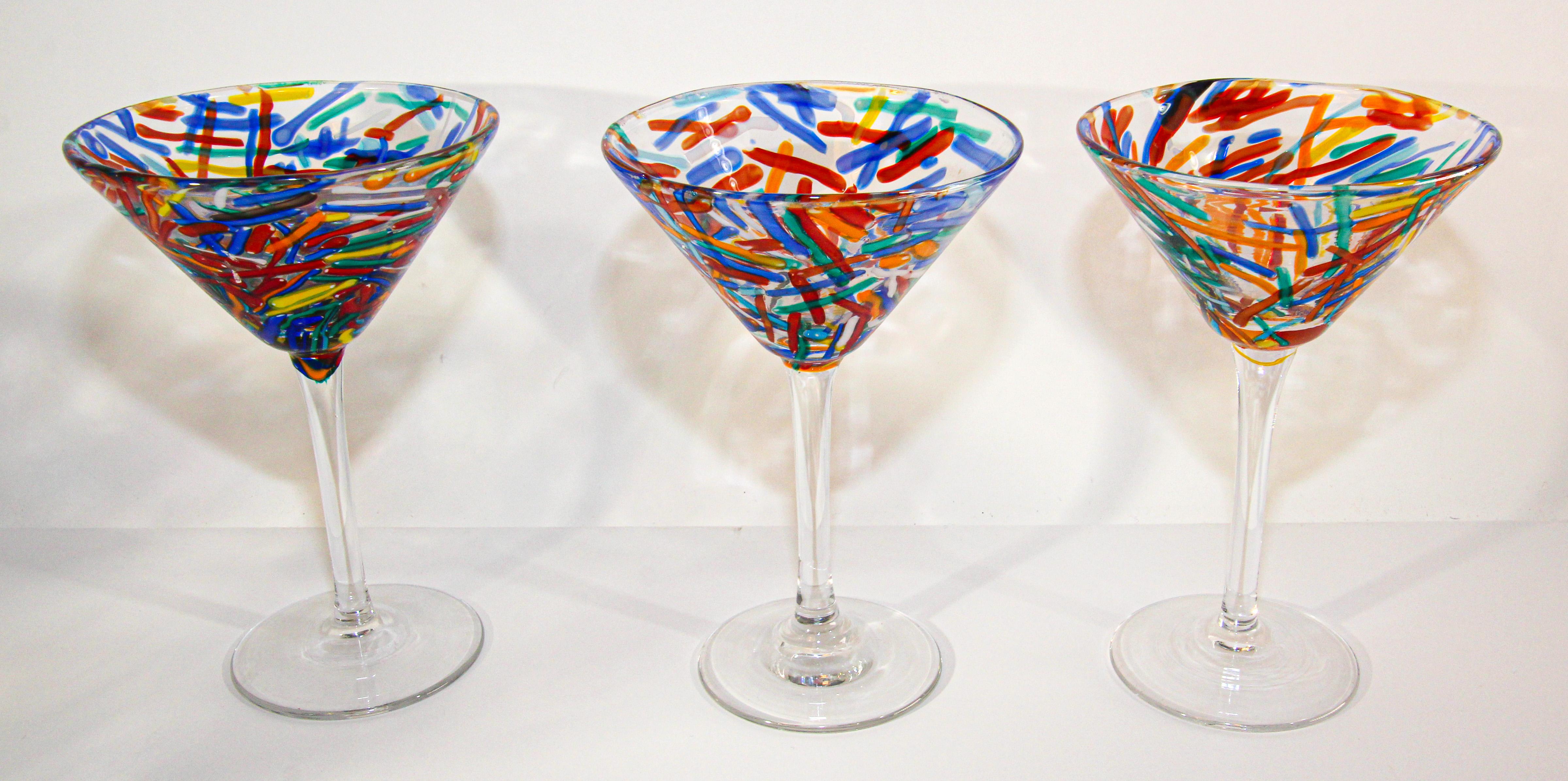 Vintage Murano Martini Glasses Set of 6 Colorful Barware 7