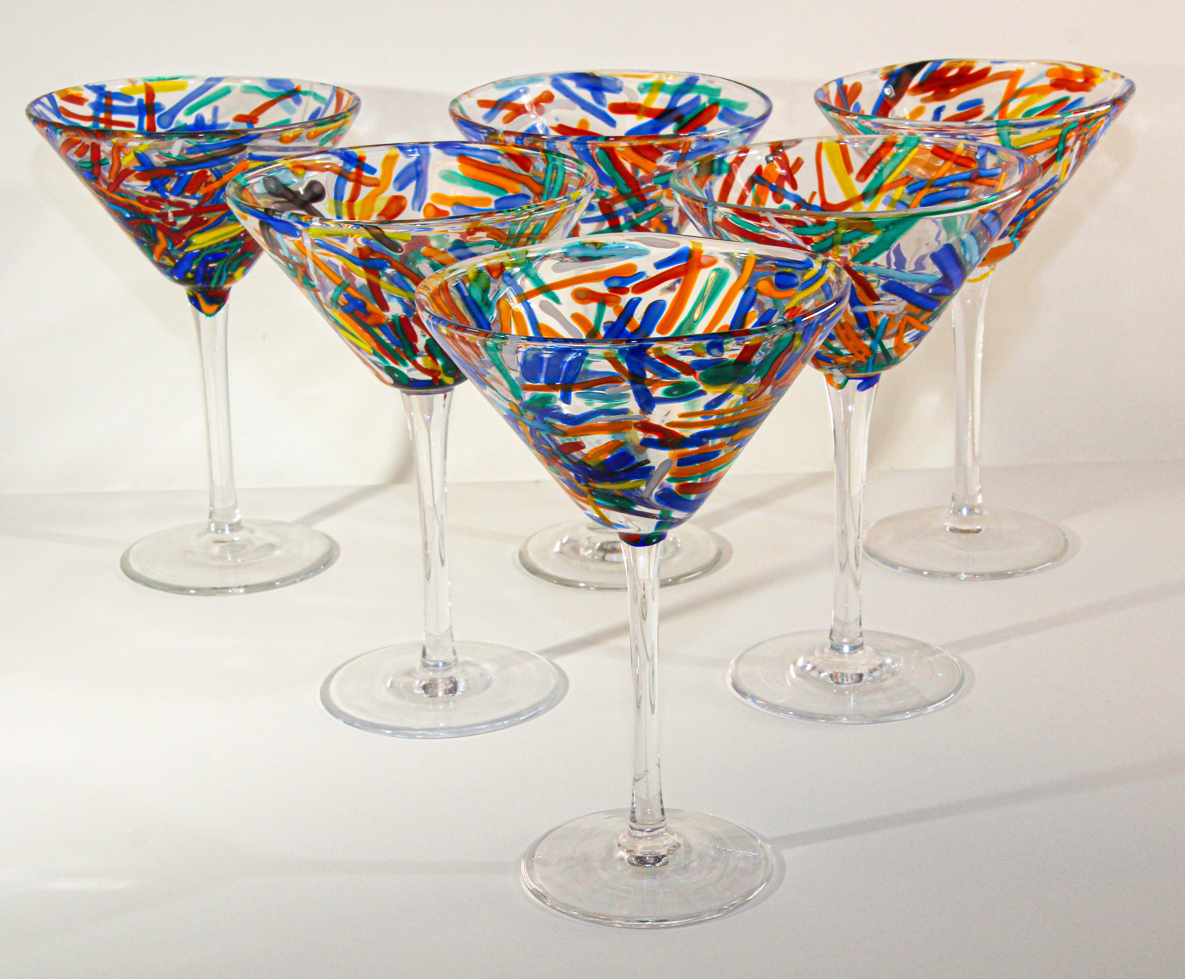Vintage Post Modern Murano Martini Glasses Set of 6 Colorful Barware
The glasses are hand blown with colorful different design, each one is unique.
Measures: 4.75
