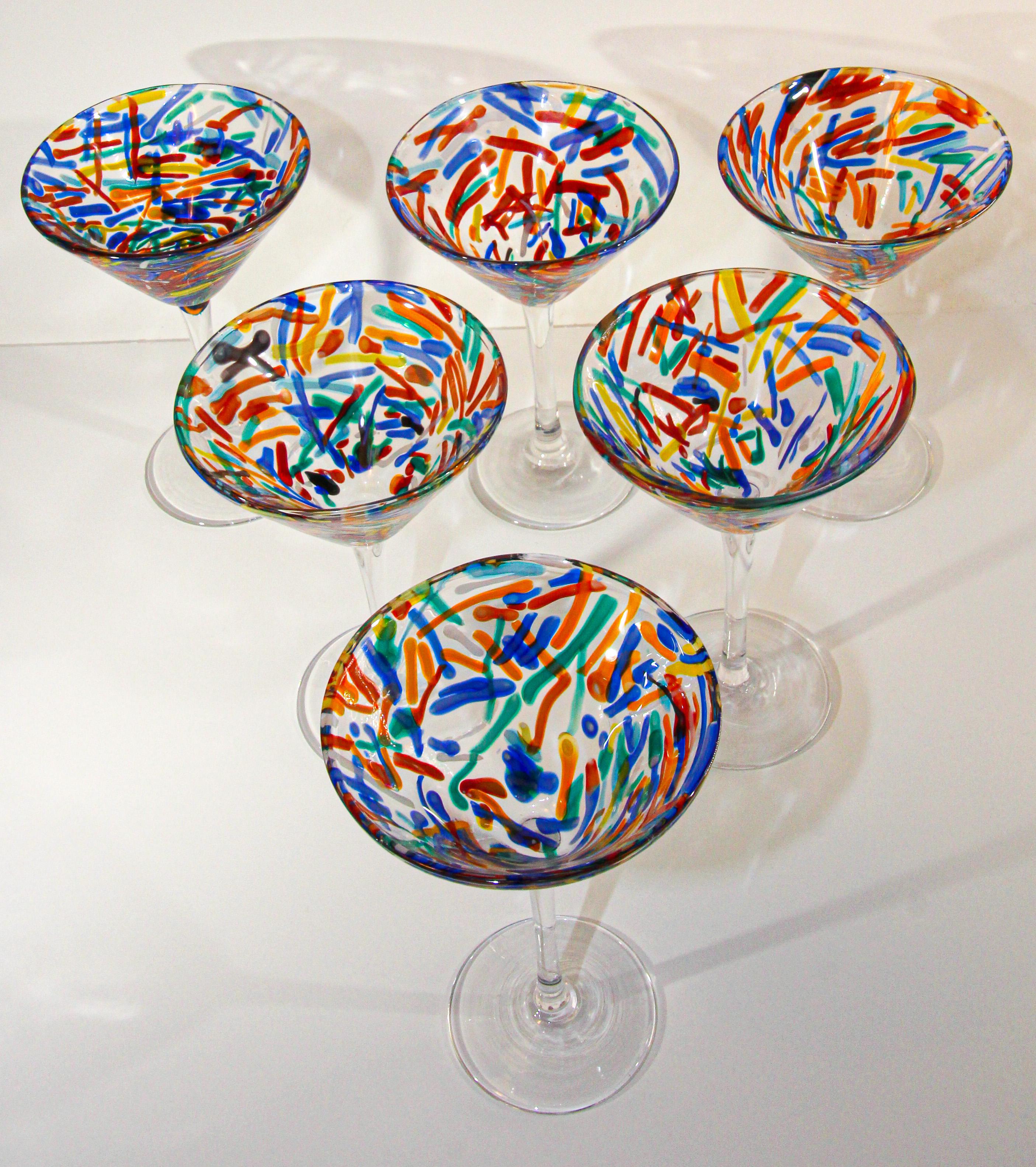 Post-Modern Vintage Murano Martini Glasses Set of 6 Colorful Barware