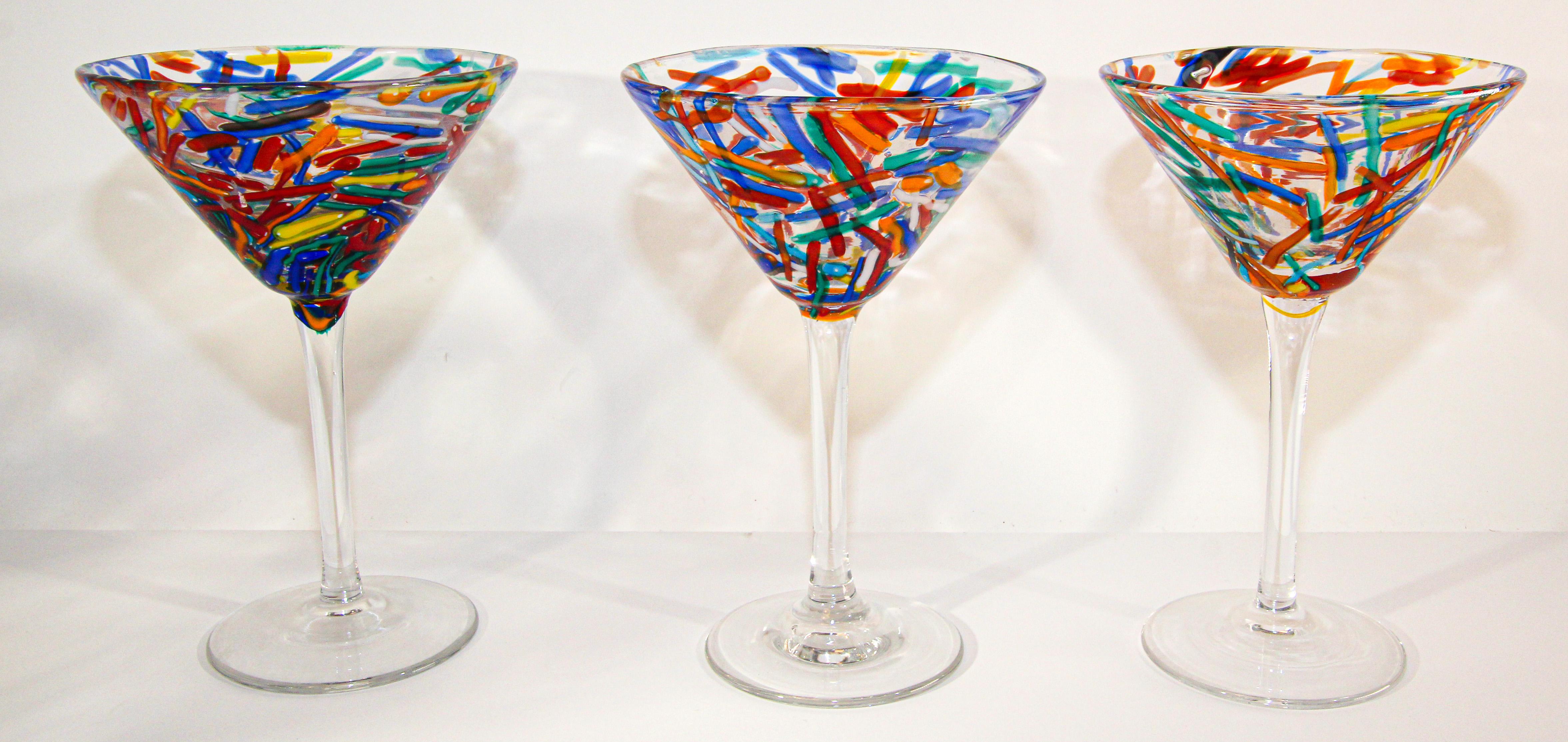 Italian Vintage Murano Martini Glasses Set of 6 Colorful Barware