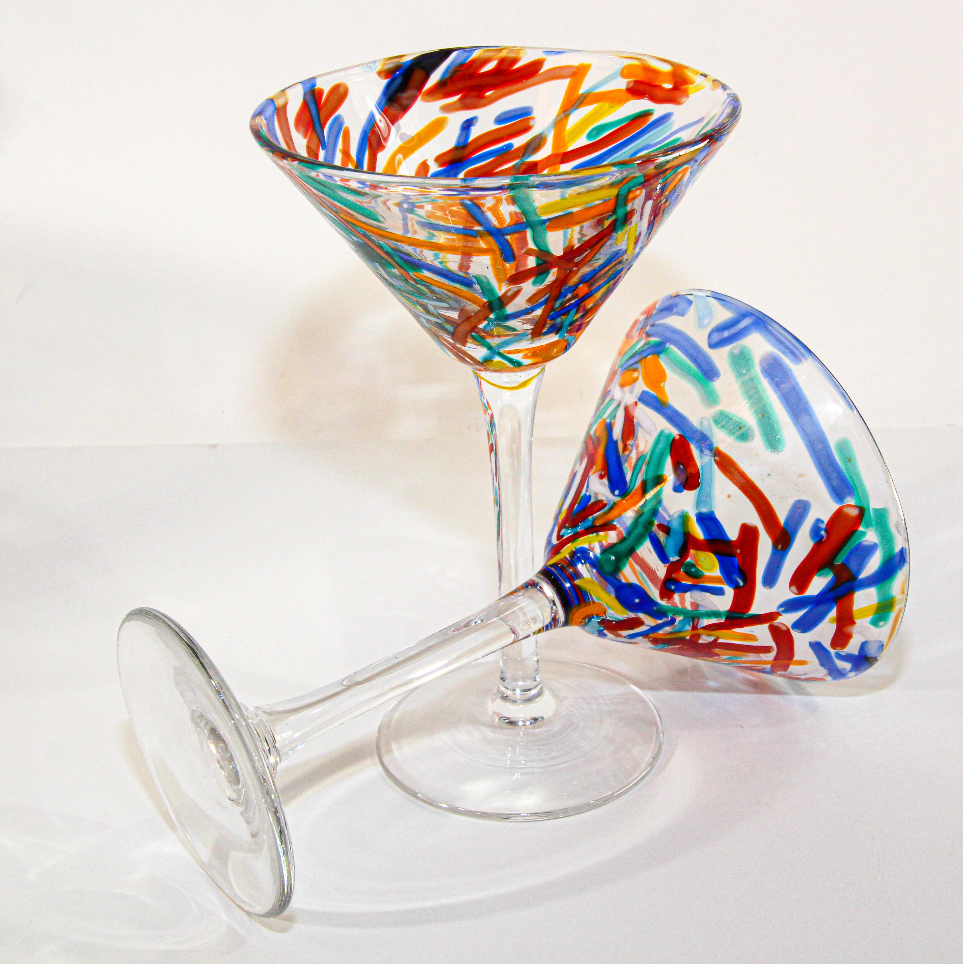 Hand-Crafted Vintage Murano Martini Glasses Set of 6 Colorful Barware