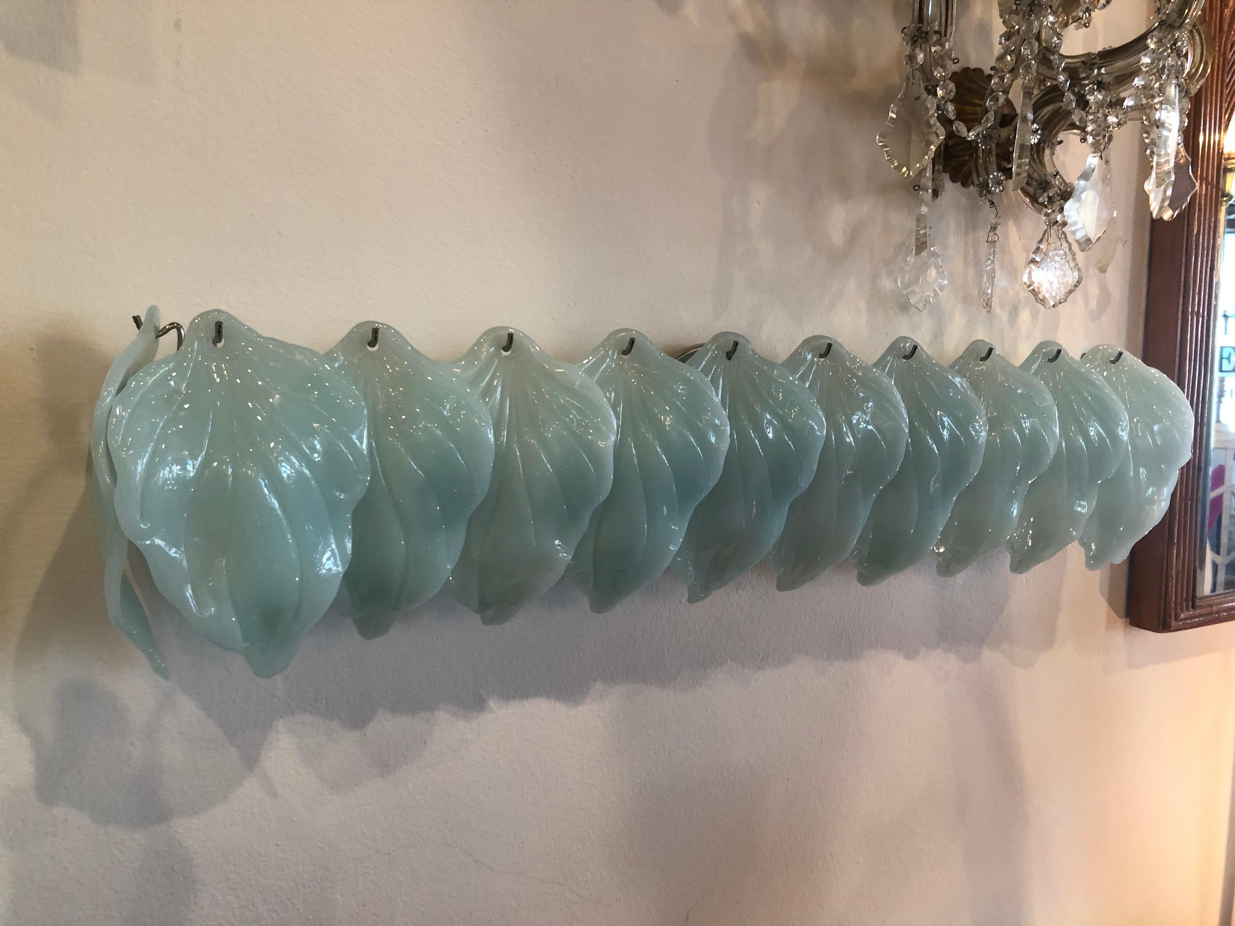 Vintage Murano Mazzega Aqua Blue Glass Leaf Leaves Wall Vanity Light Sconce 2