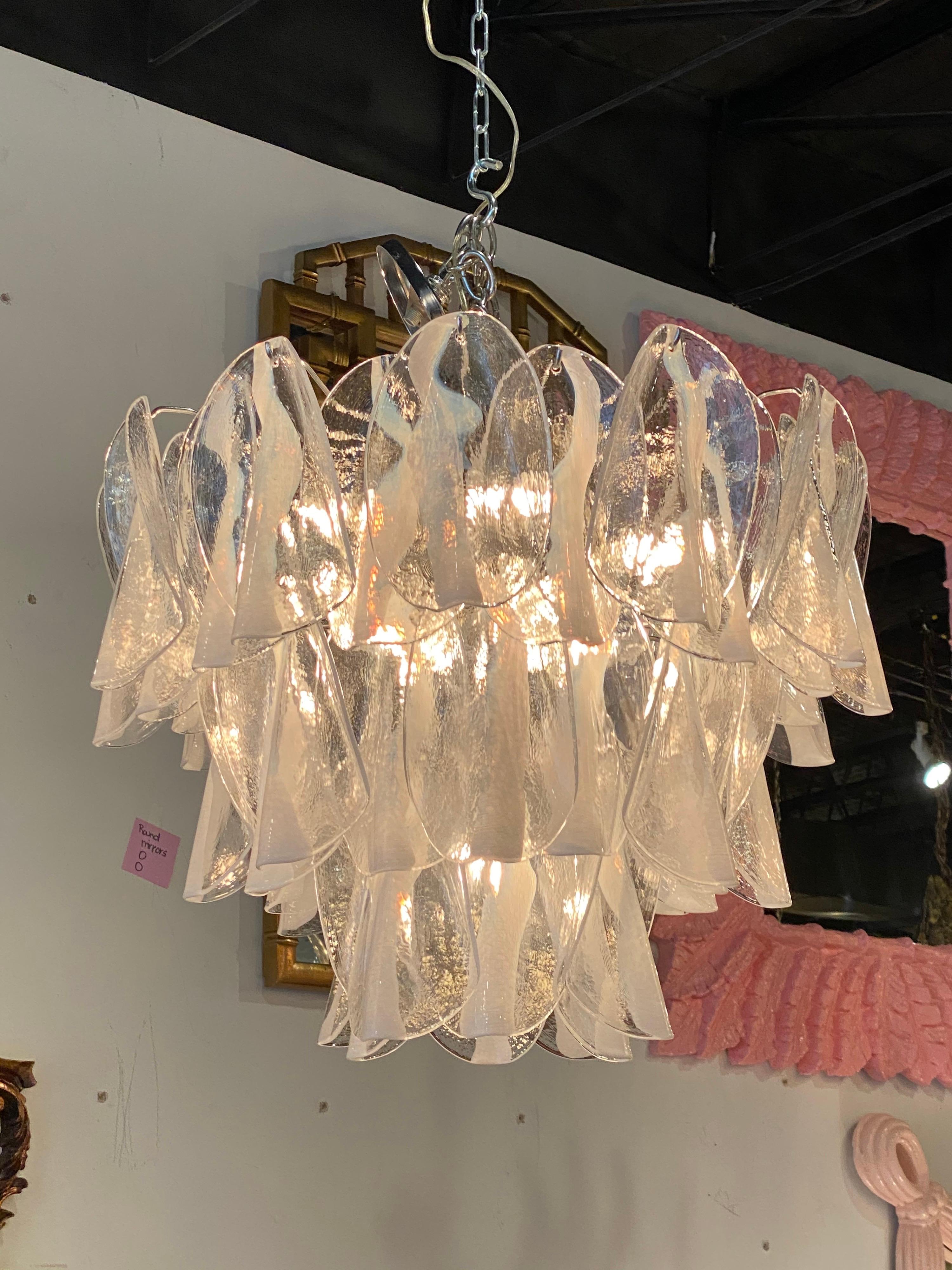 Amazing vintage Murano Mazzega chandelier, 3 tier. Comes with chain and original ceiling canopy. Chrome cage which may have slight patina due to age. Glass is all present and has no chips. Size is of chandelier and does not take into consideration