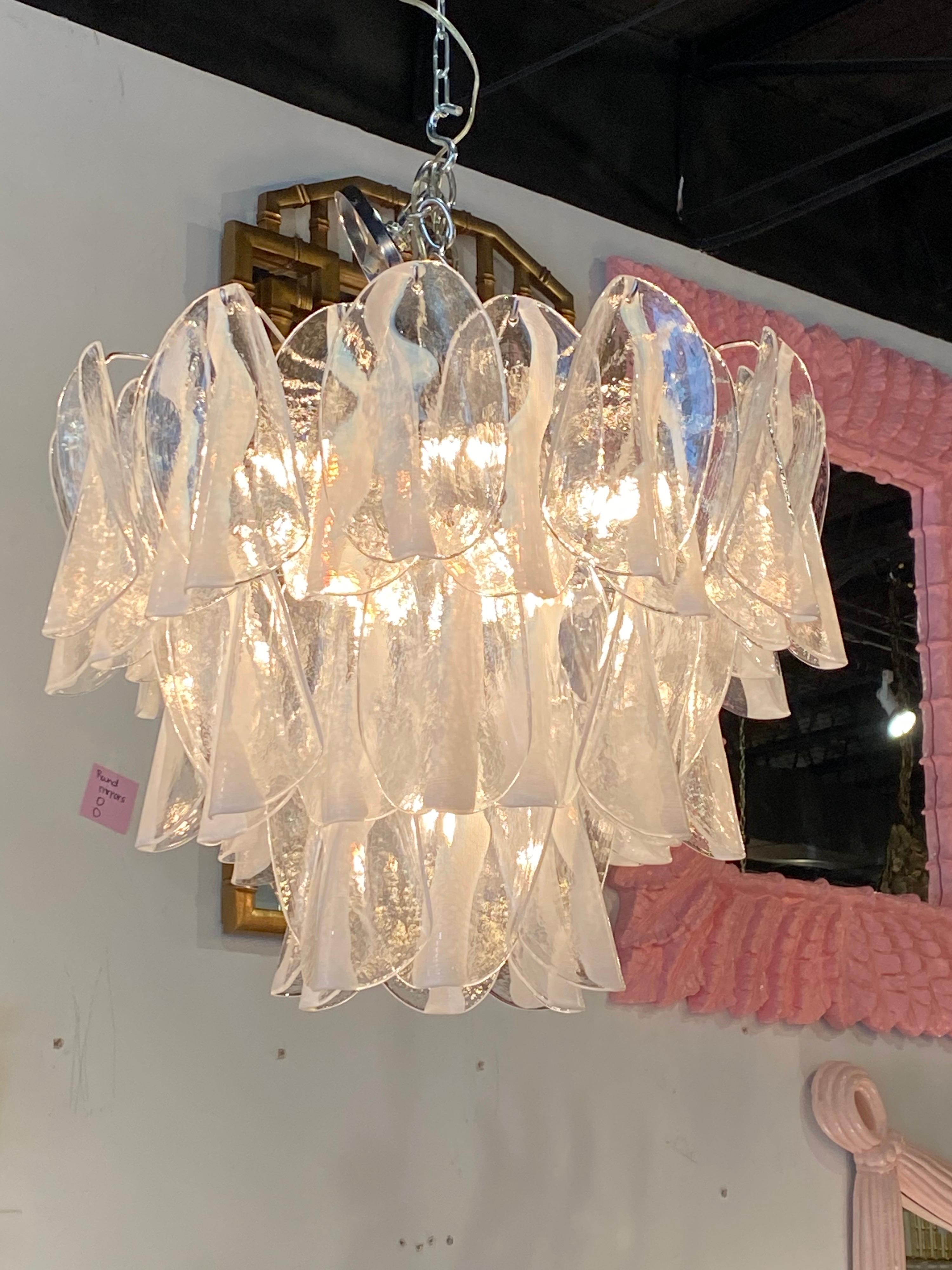 Hollywood Regency Vintage Murano Mazzega Large 3 Tier Glass Chandelier Chrome