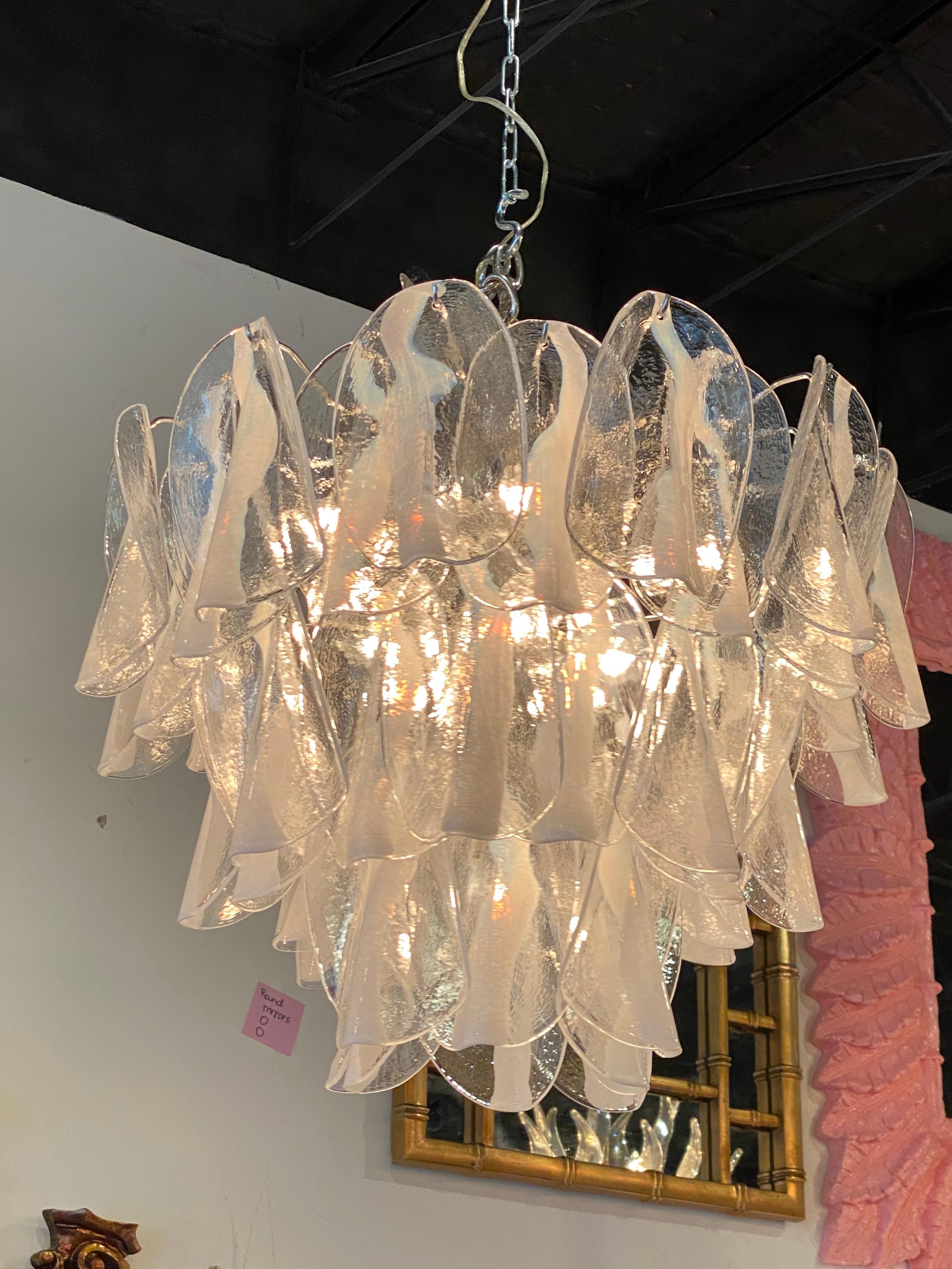 Italian Vintage Murano Mazzega Large 3 Tier Glass Chandelier Chrome