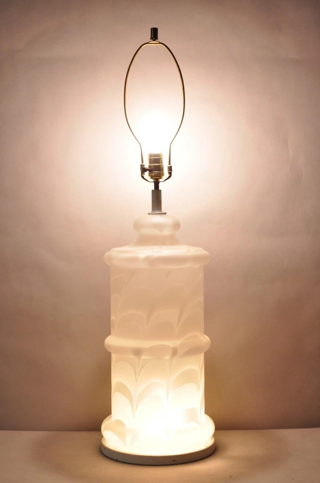 Vintage Murano Mazzega Style Mid Century Modern White Frosted Swirl Glass Large Table Lamp. Circa Mid 20th Century. Measurements: 36