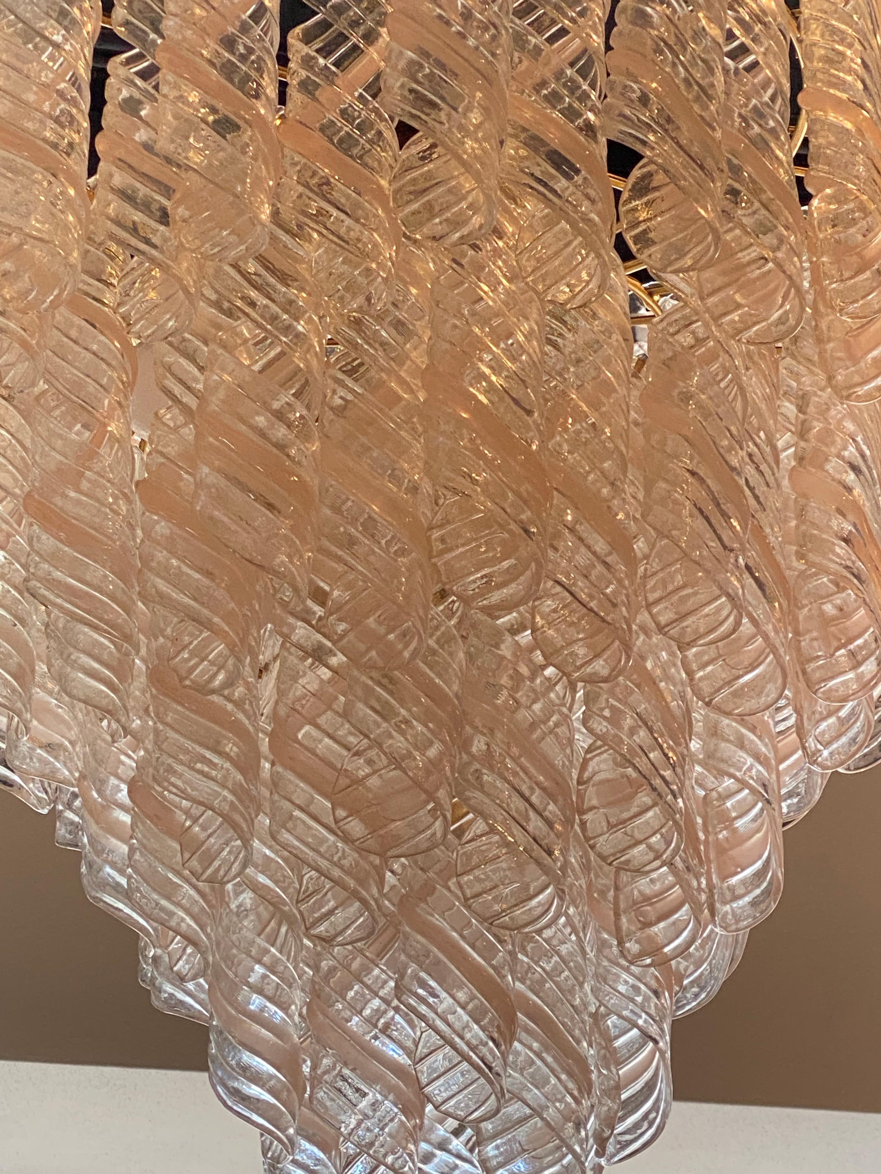 Hollywood Regency Vintage Murano Mazzega Torciglione Glass Pink Spiral 4-Tier Chandelier 13 Lights